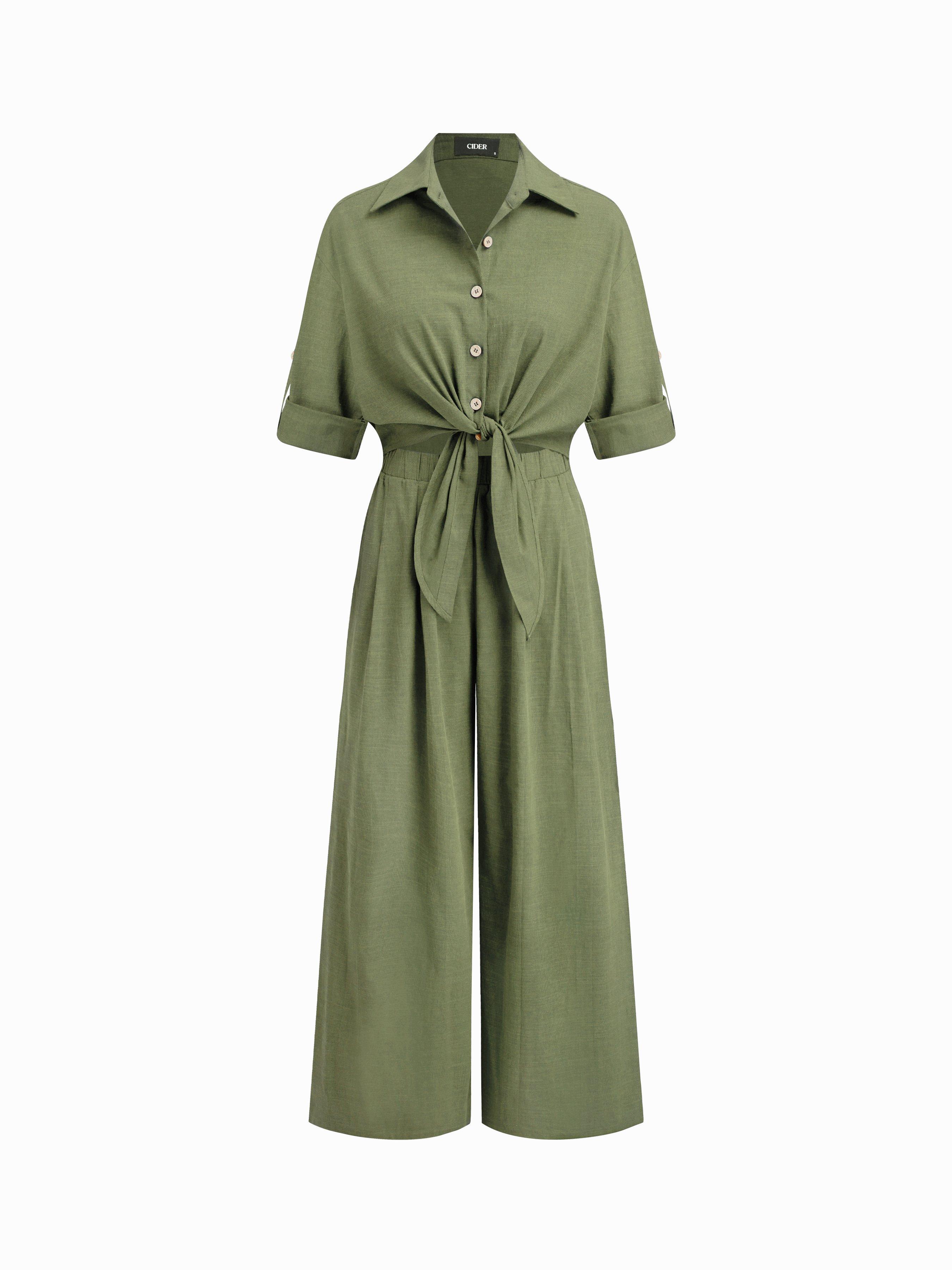 Linen-blend Collar Knotted Roll Hem Oversized Jumpsuit by CIDER