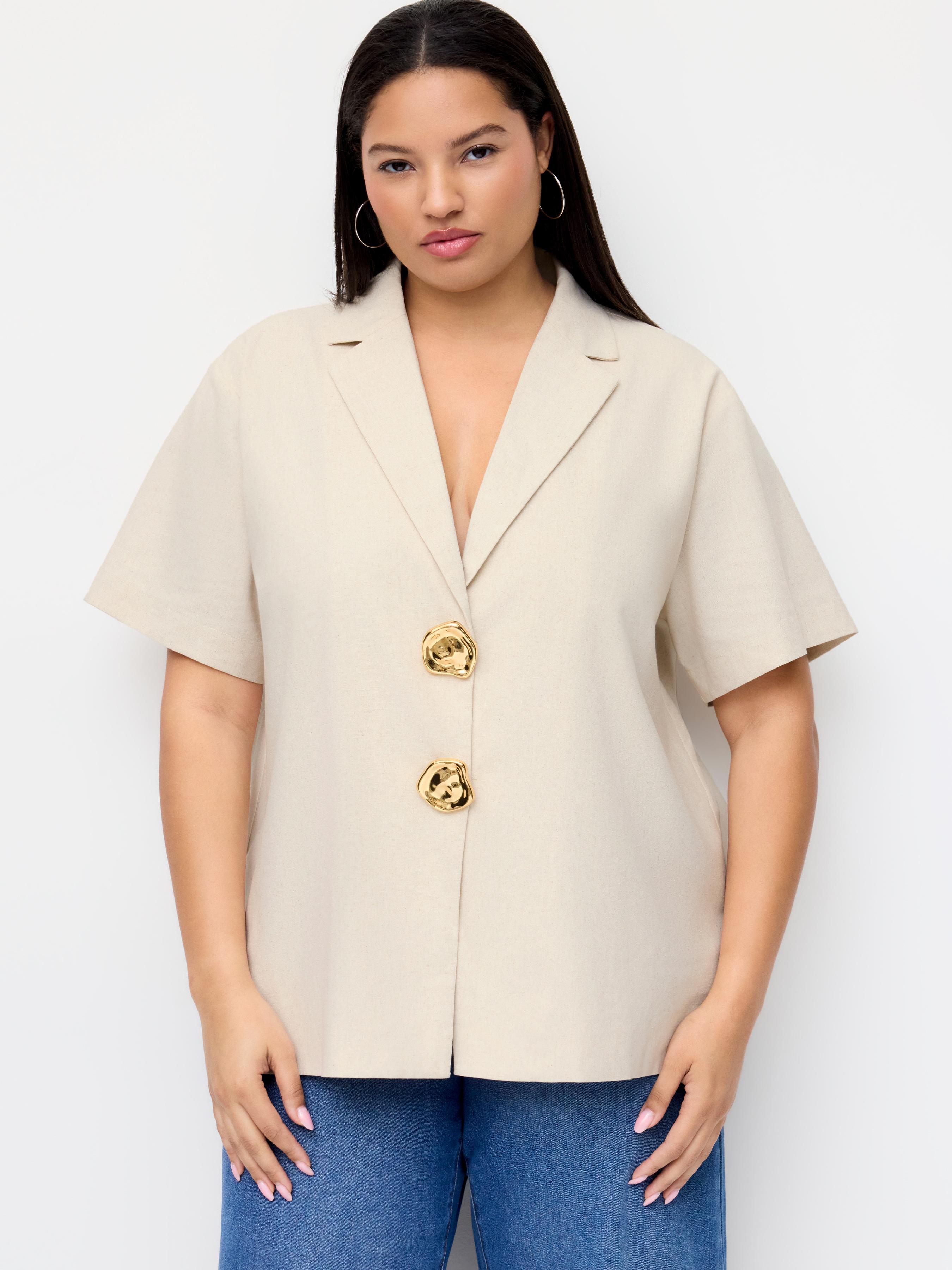 Linen-blend Collar Metal Button Oversized Blazer Curve & Plus by CIDER