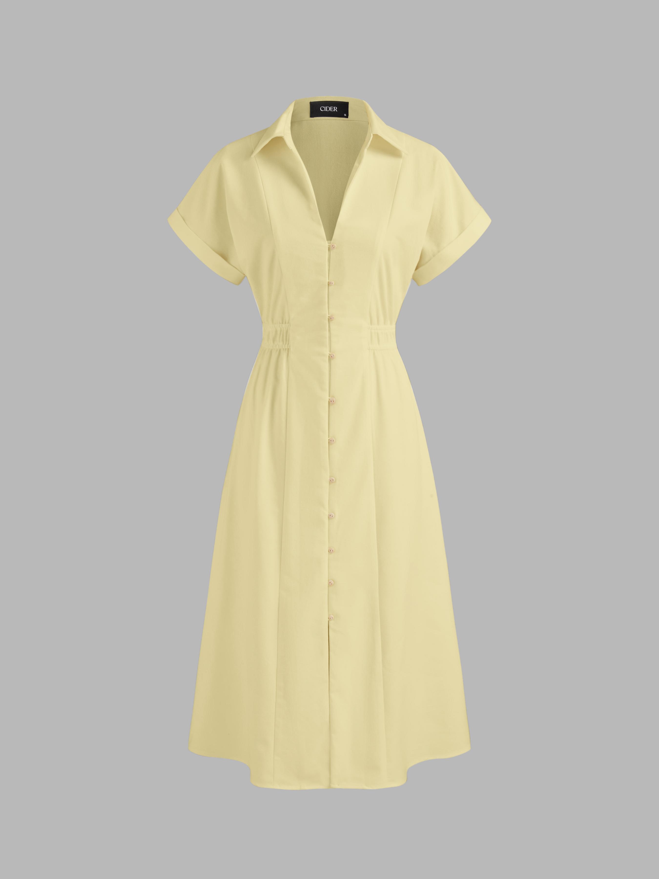 Linen-blend Collar Solid Shirred Button Midi Shirt Dress by CIDER
