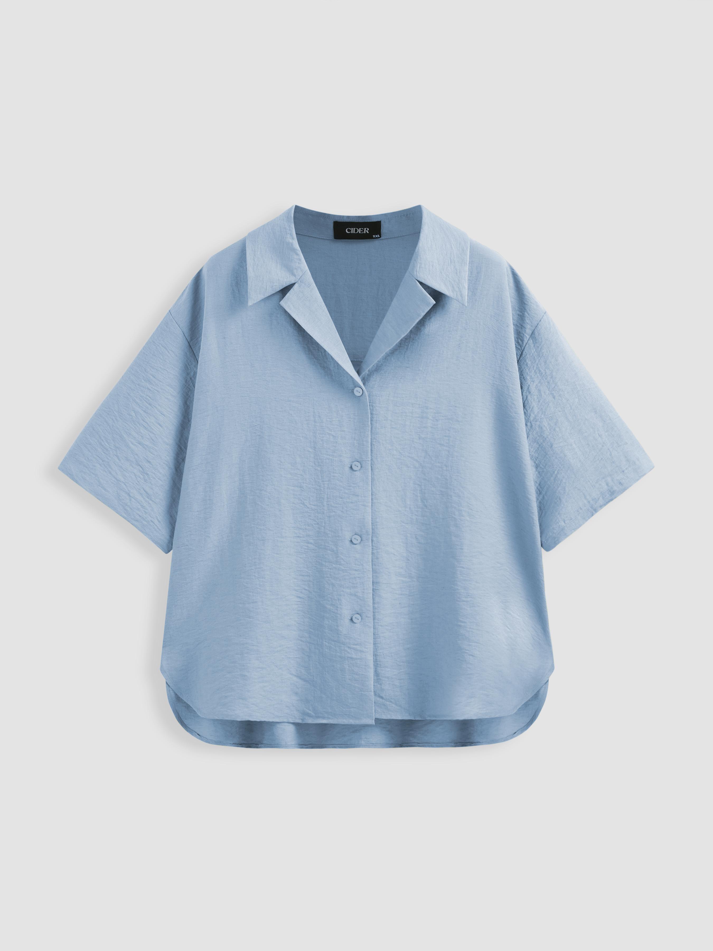 Linen-blend Collar Solid Short Sleeve Shirt Curve & Plus by CIDER