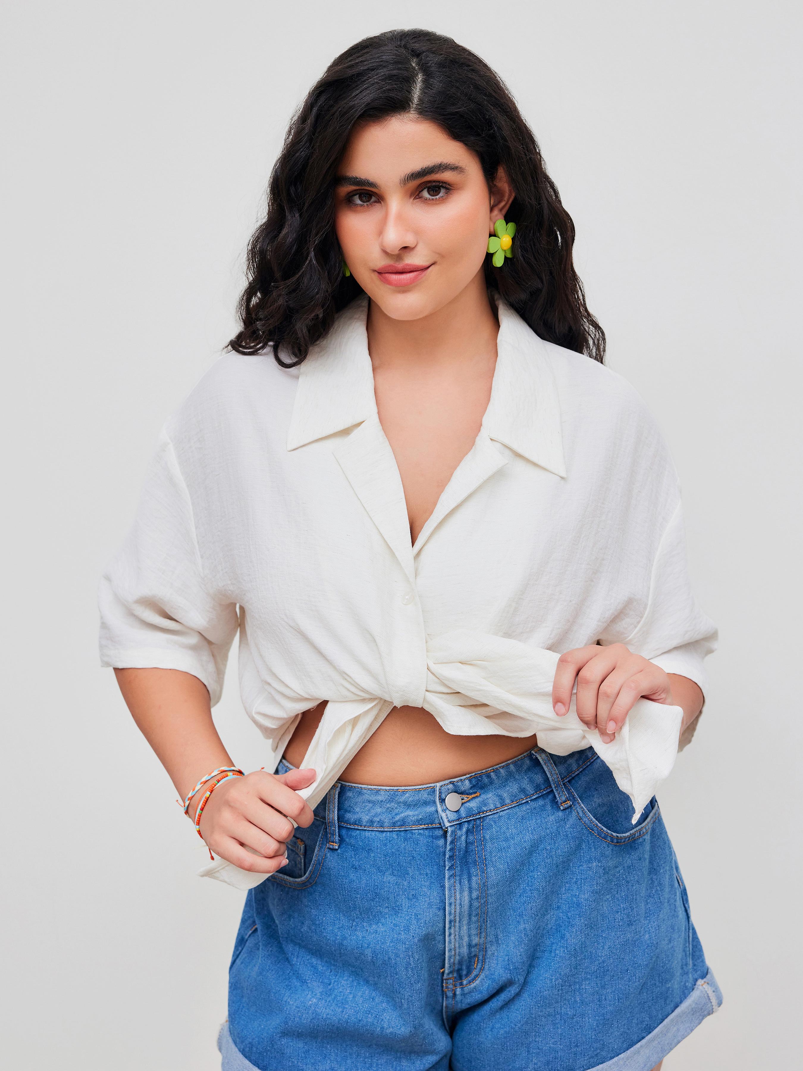 Linen-blend Collar Solid Short Sleeve Shirt Curve & Plus by CIDER