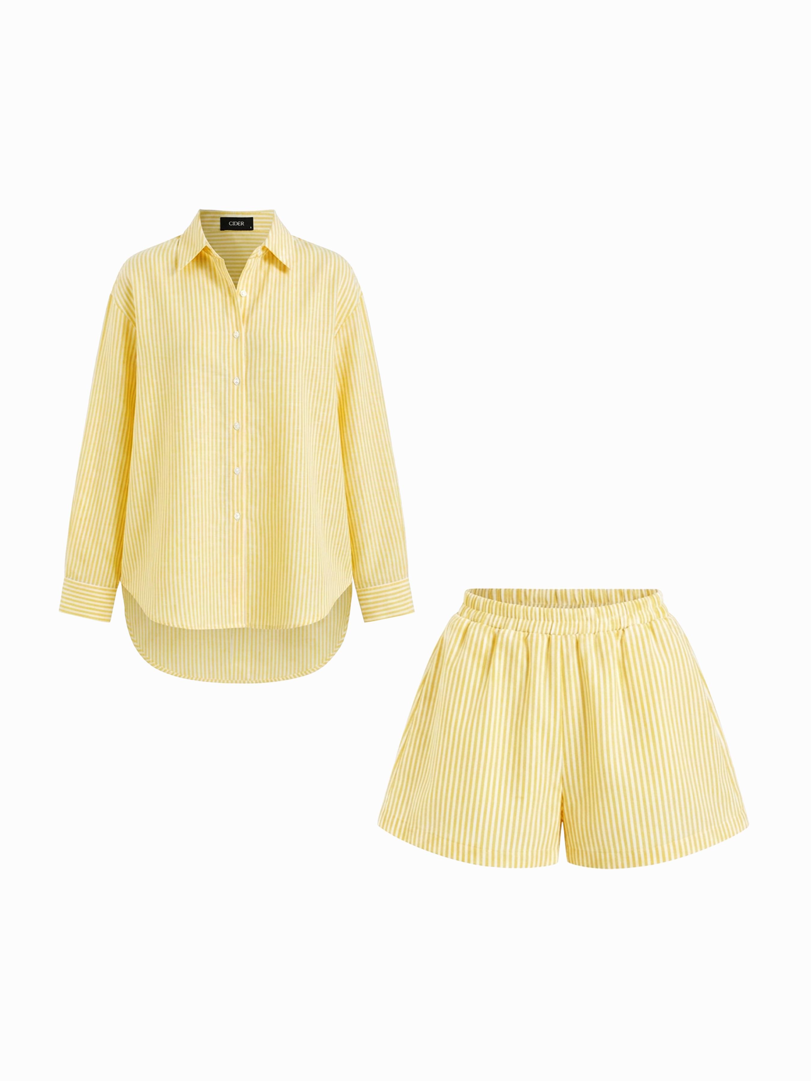 Linen-blend Collar Stripe Button Shirts & Mid Rise Shorts Set by CIDER