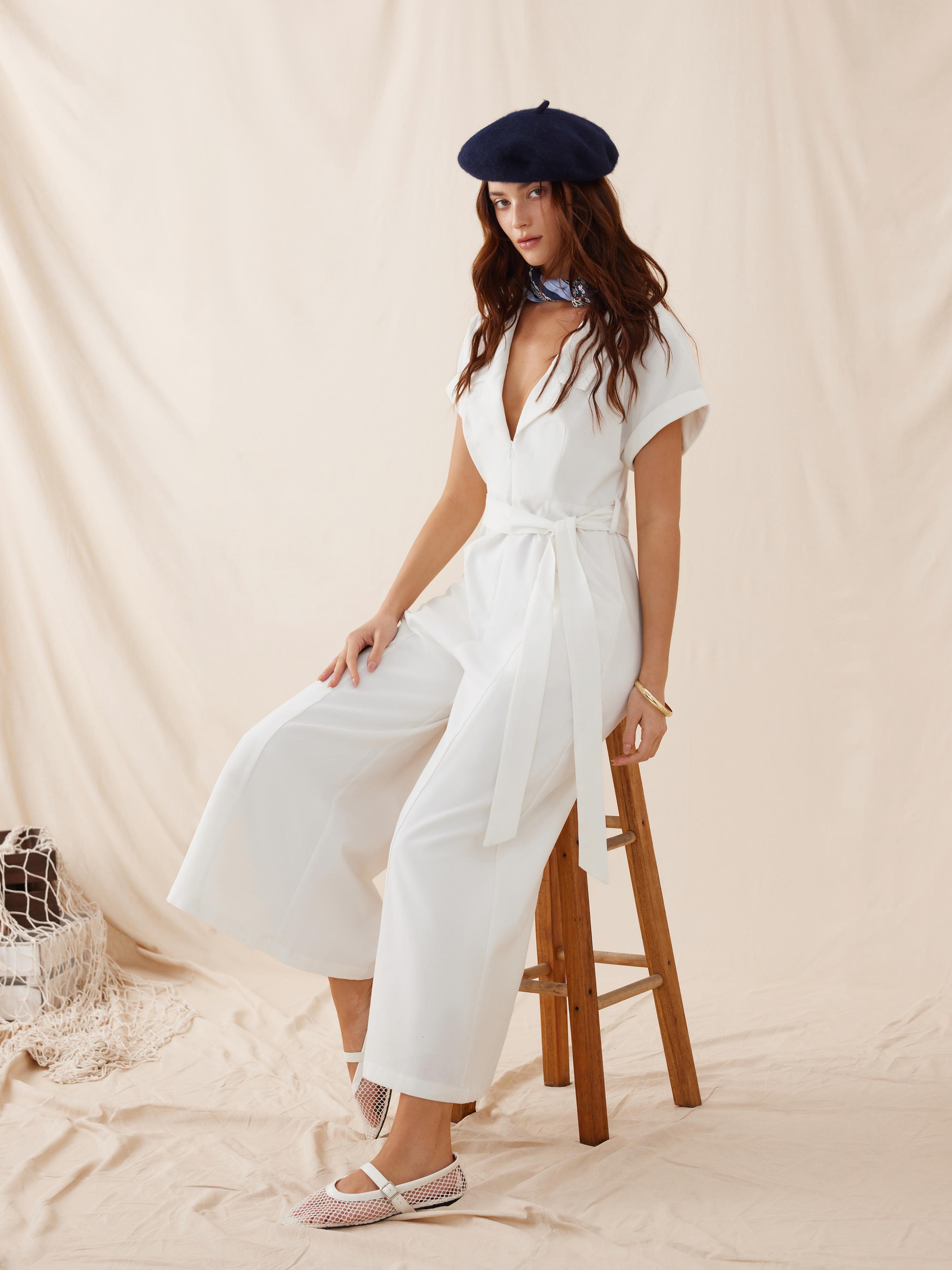 Linen-blend Collar Twist & Knot Belted High Rise Wide Leg Jumpsuit by CIDER