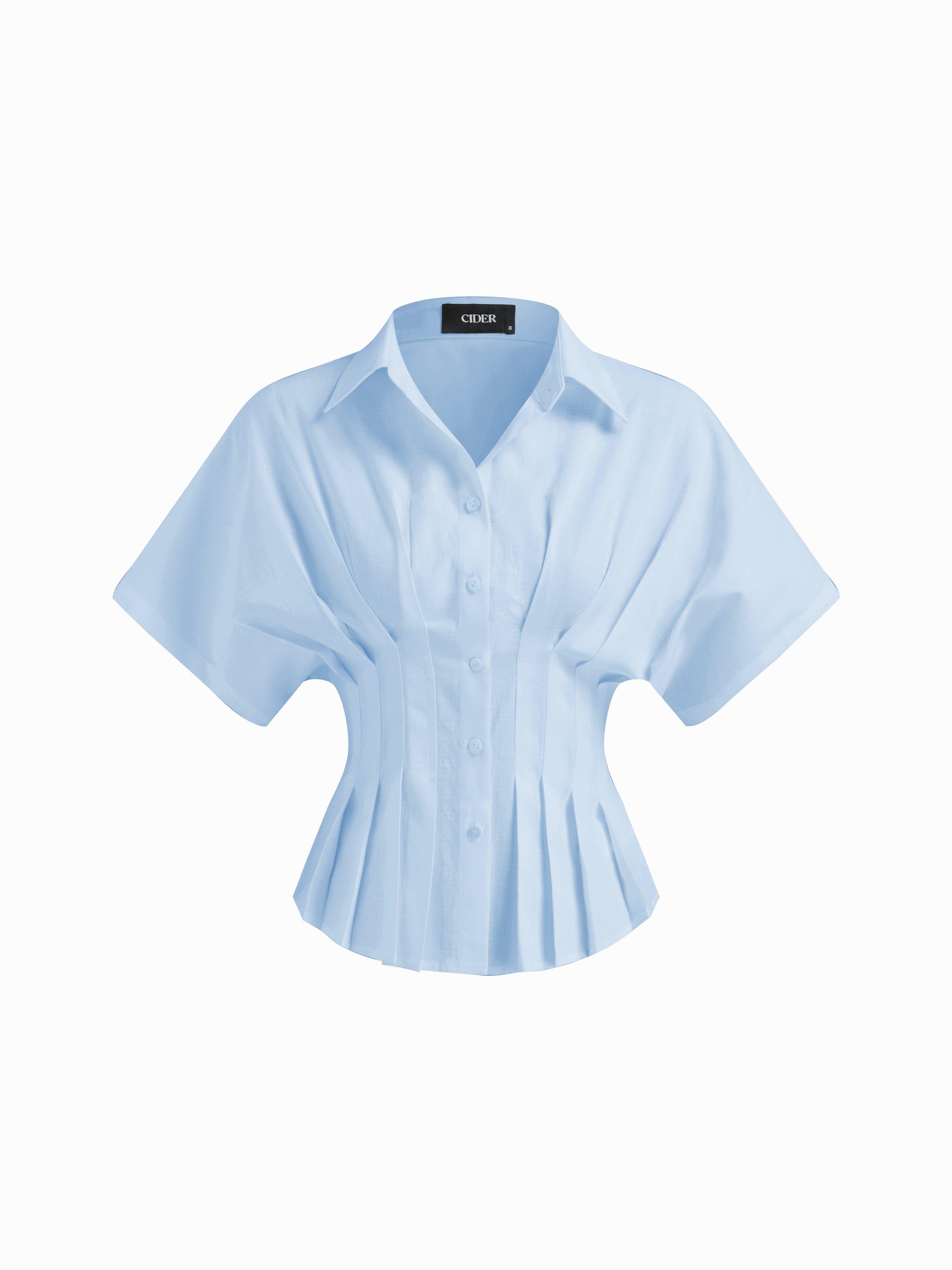 Linen-blend Collar V-neck Pleated Short Sleeve Shirt by CIDER