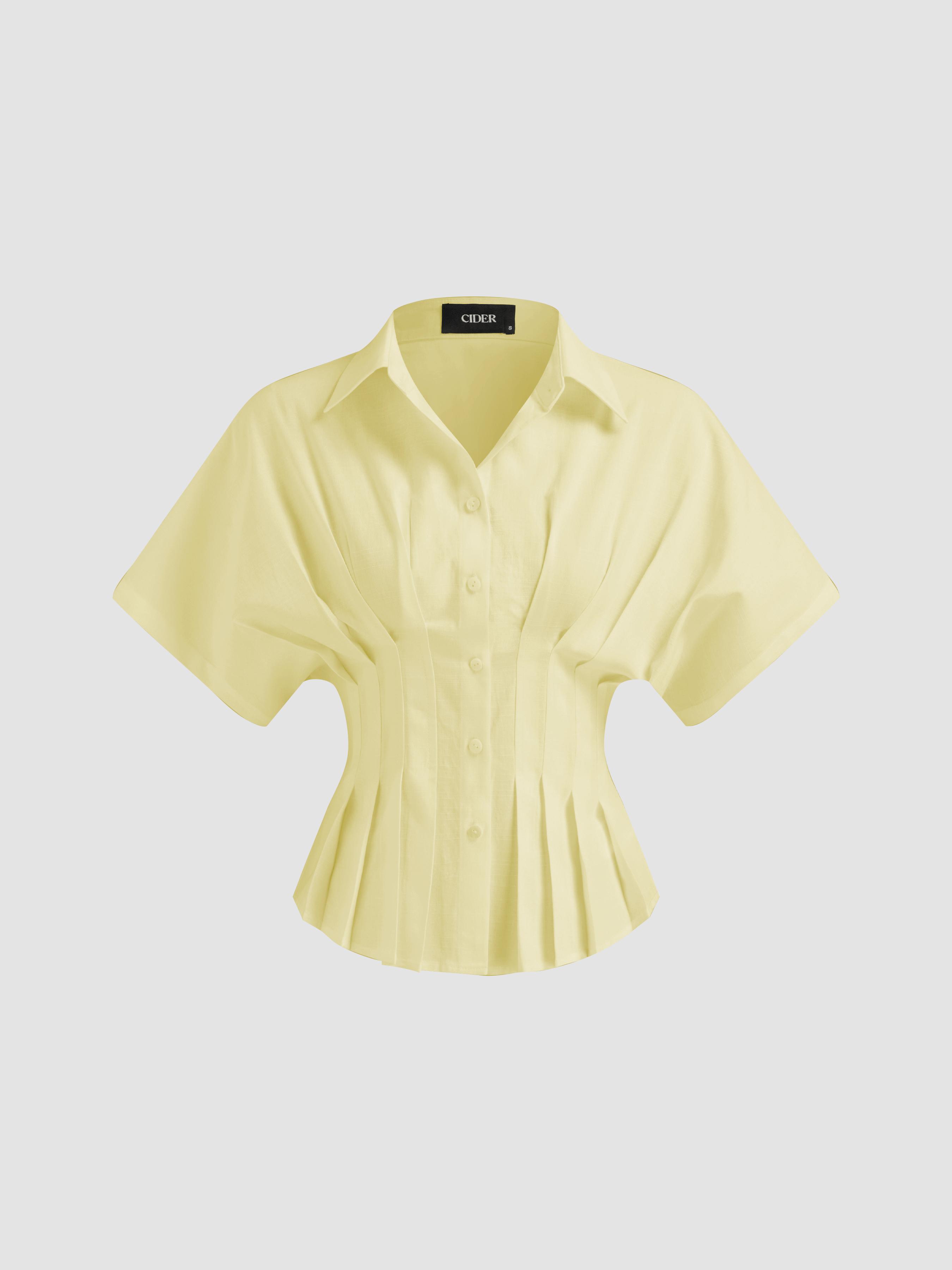 Linen-blend Collar V-neck Pleated Short Sleeve Shirt by CIDER