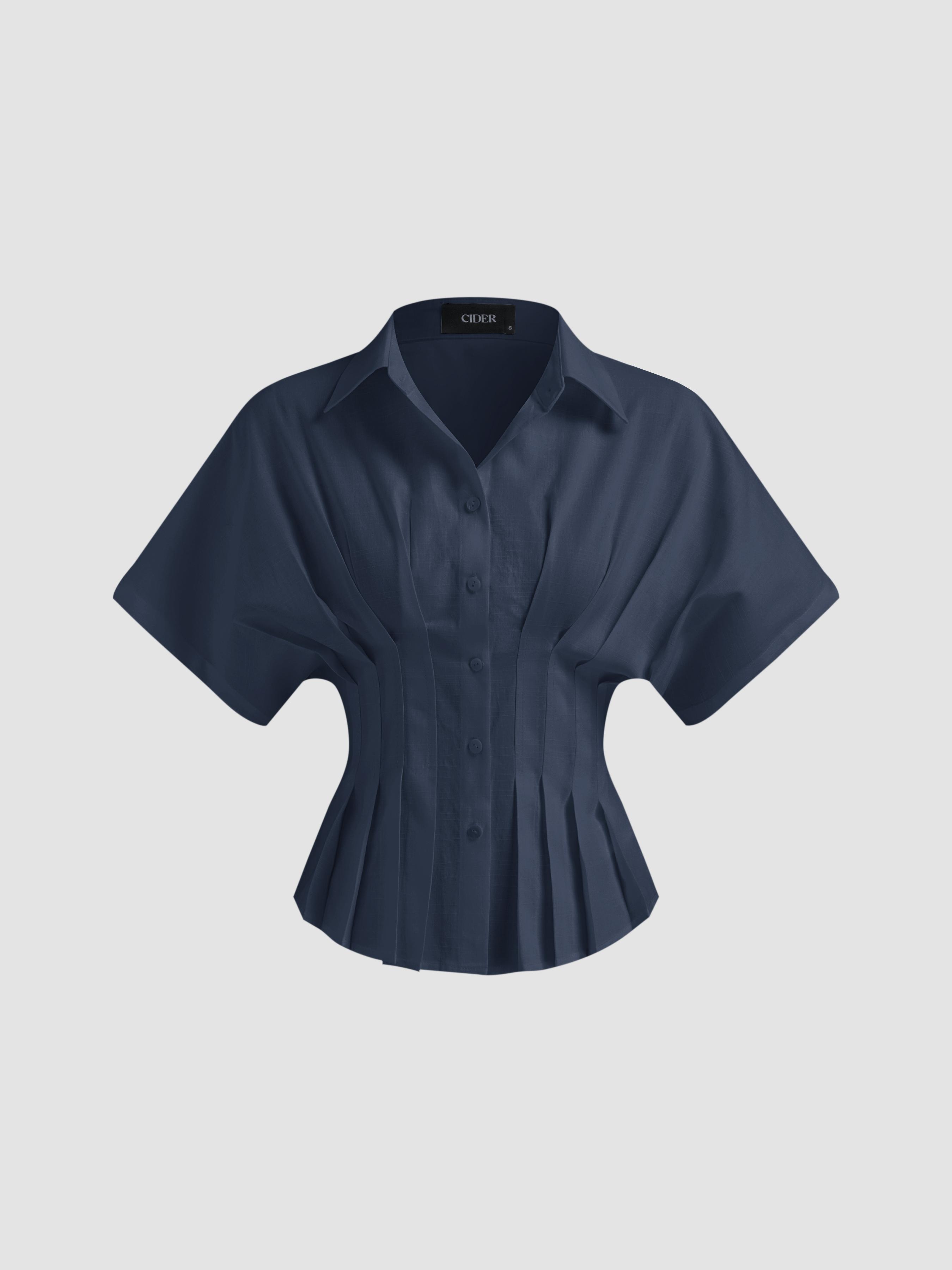Linen-blend Collar V-neck Pleated Short Sleeve Shirt by CIDER