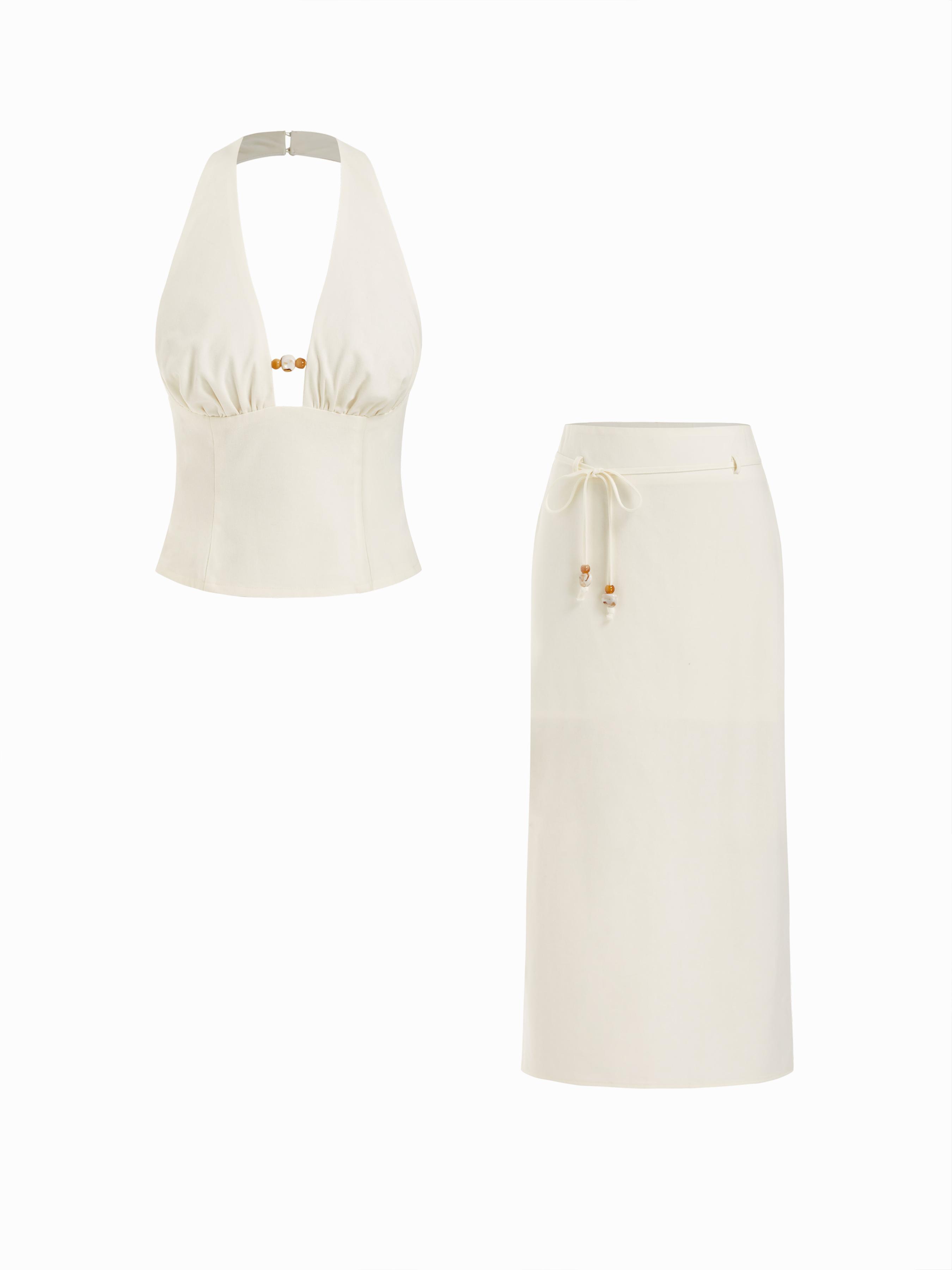 Linen-blend Cotton-blend Halter Neck Backless Ruched Top & Mid Rise Pencil Maxi Skirt Set by CIDER