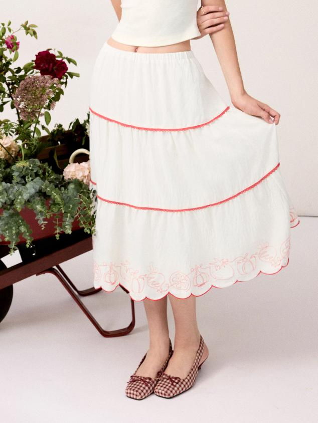 Linen-blend Fruit Embroidery Tiered Scalloped Midi Skirt by CIDER