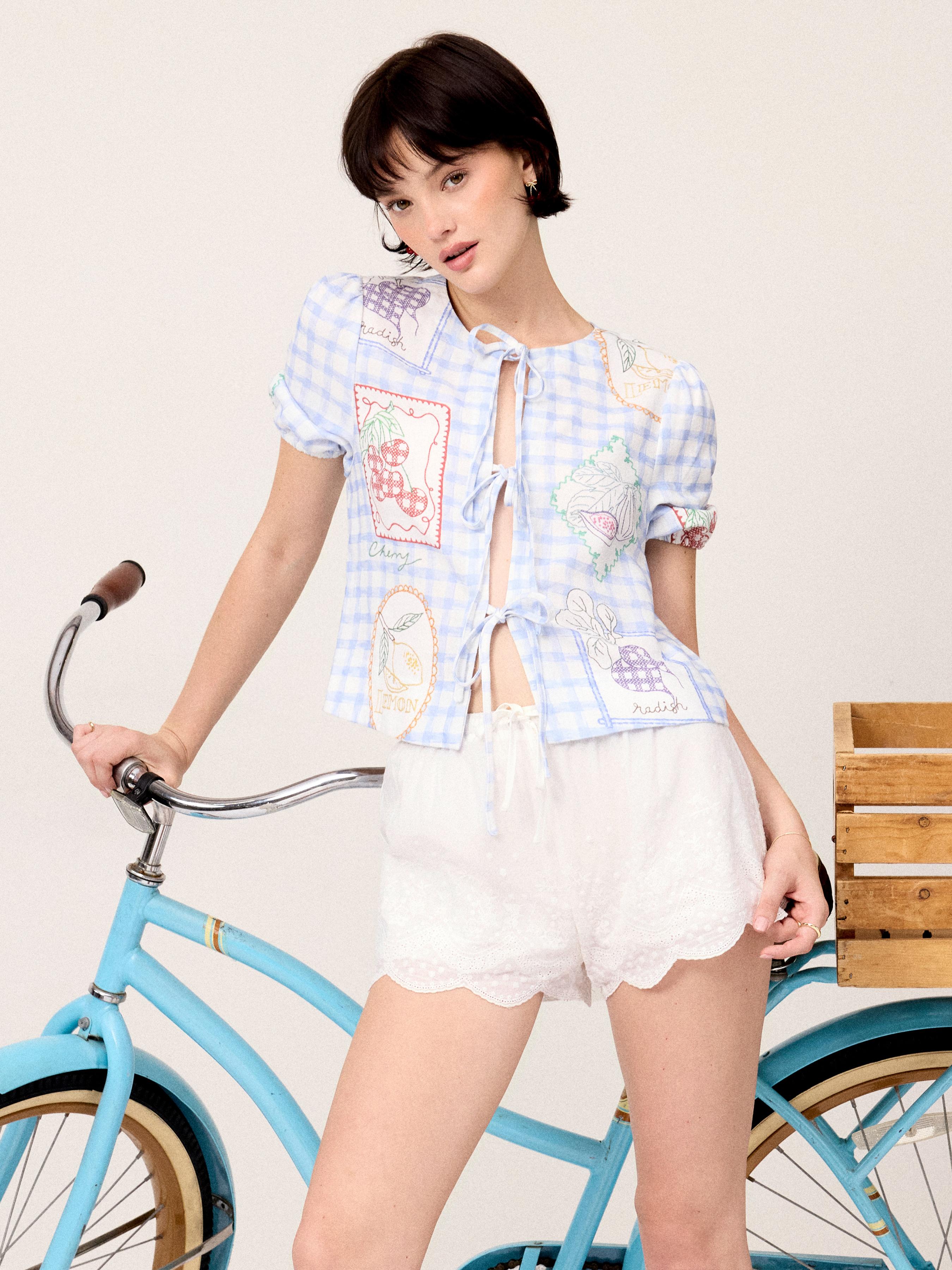 Linen-blend Gingham Fruit Graphic Tie Front Puff Sleeve Oversized Blouse by CIDER
