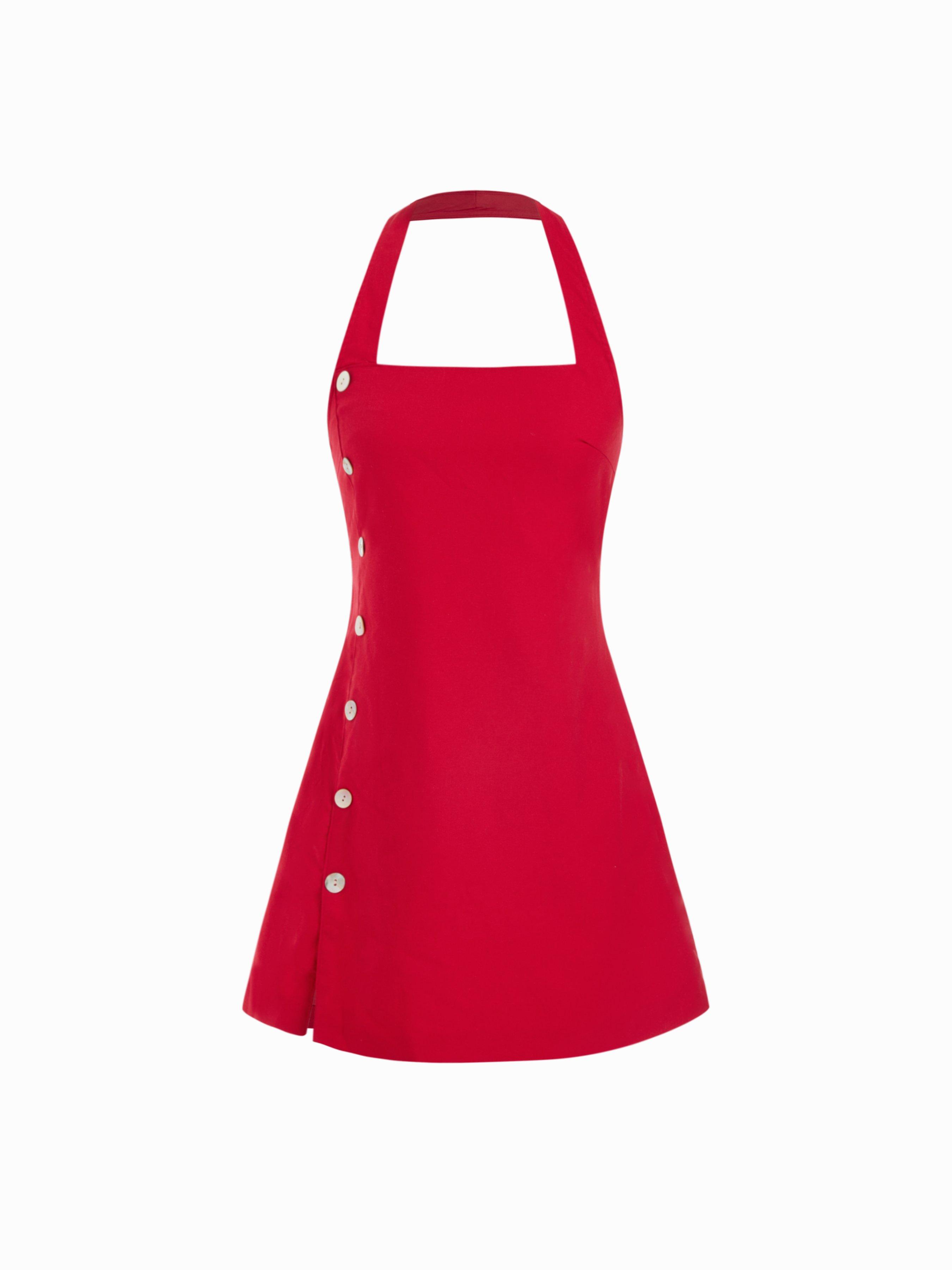 Linen-blend Halter Neck Asymmetrical Button Detail A-line Mini Dress by CIDER
