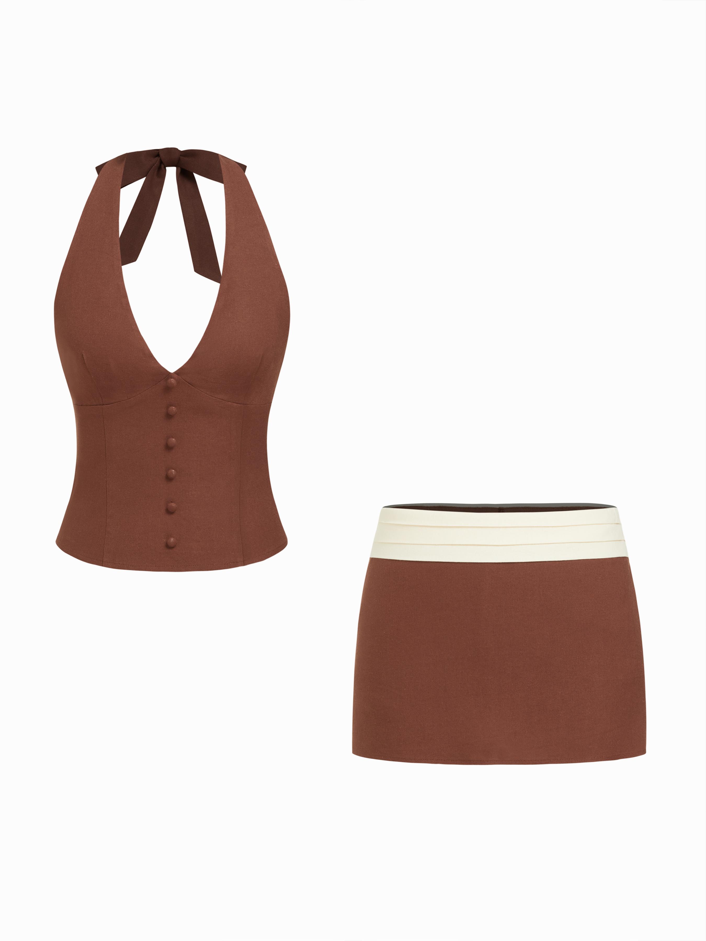 Linen-blend Halter Neck Button Front Top & Mid Rise Colorblock A-line Mini Skirt Set by CIDER