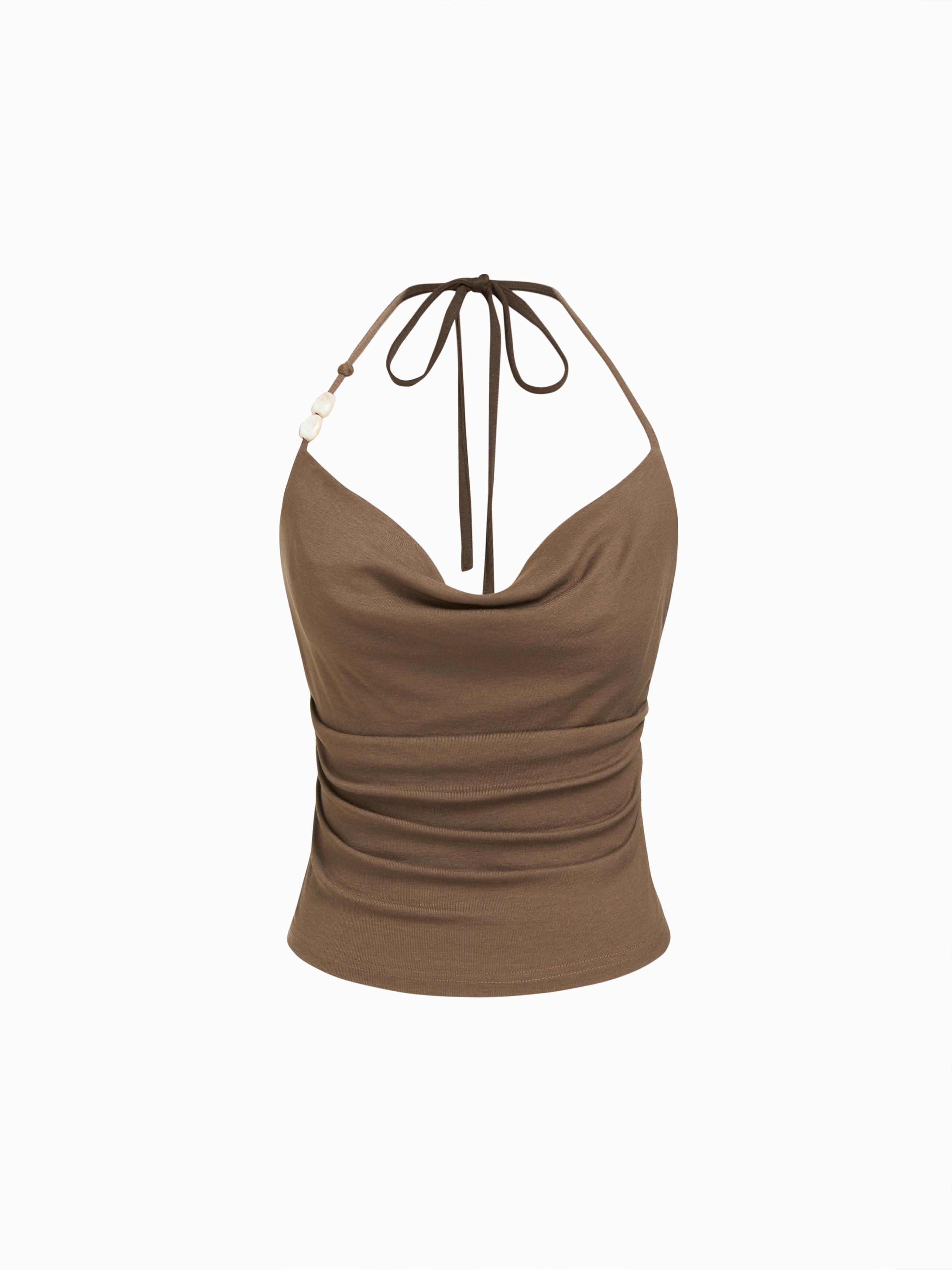 Linen-blend Halter Neck Ruched Beaded Detail Cami Top by CIDER