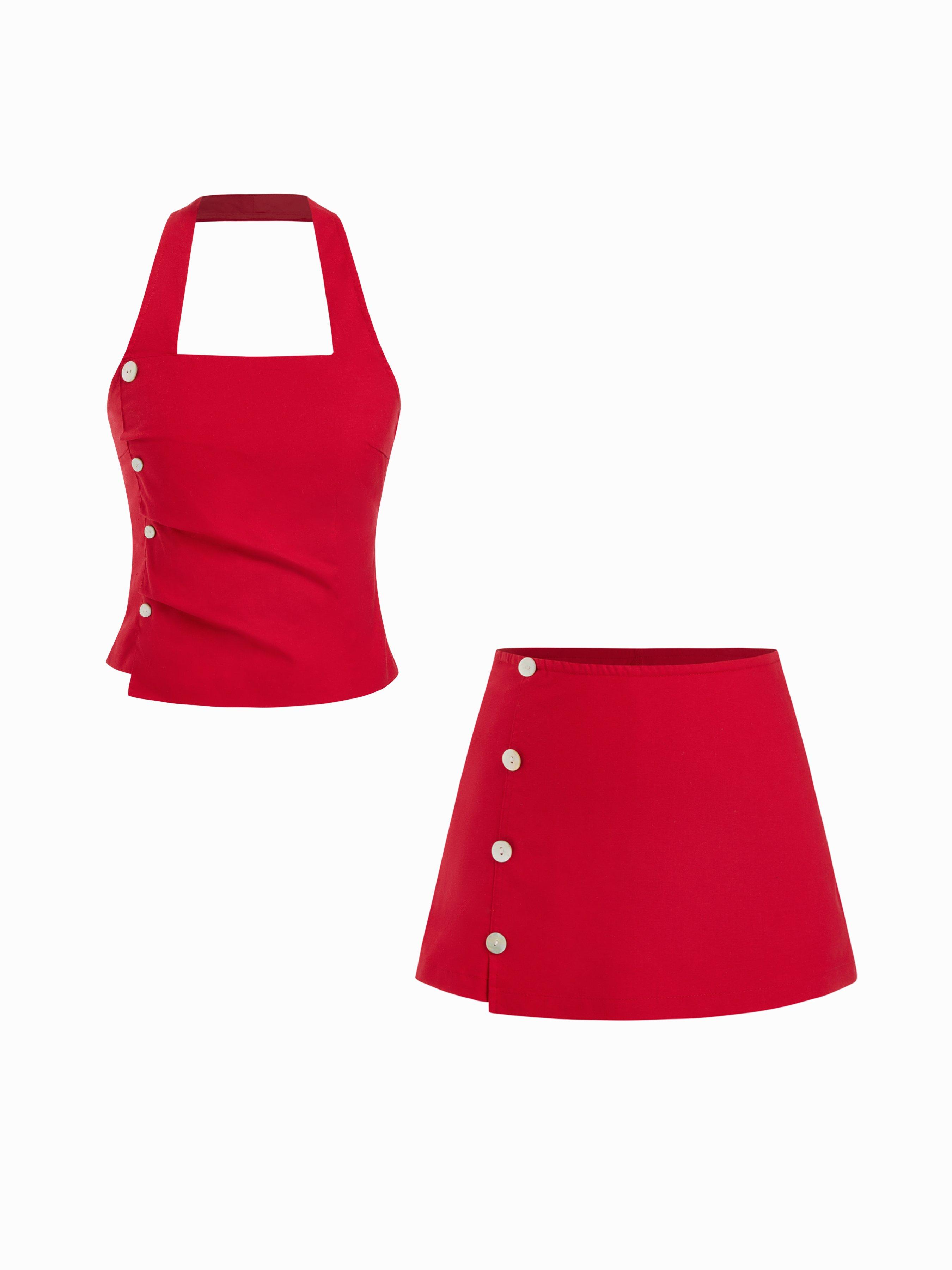 Linen-blend Halter Neck Ruched Top & Mid Rise Bodycon Mini Skirt Set by CIDER