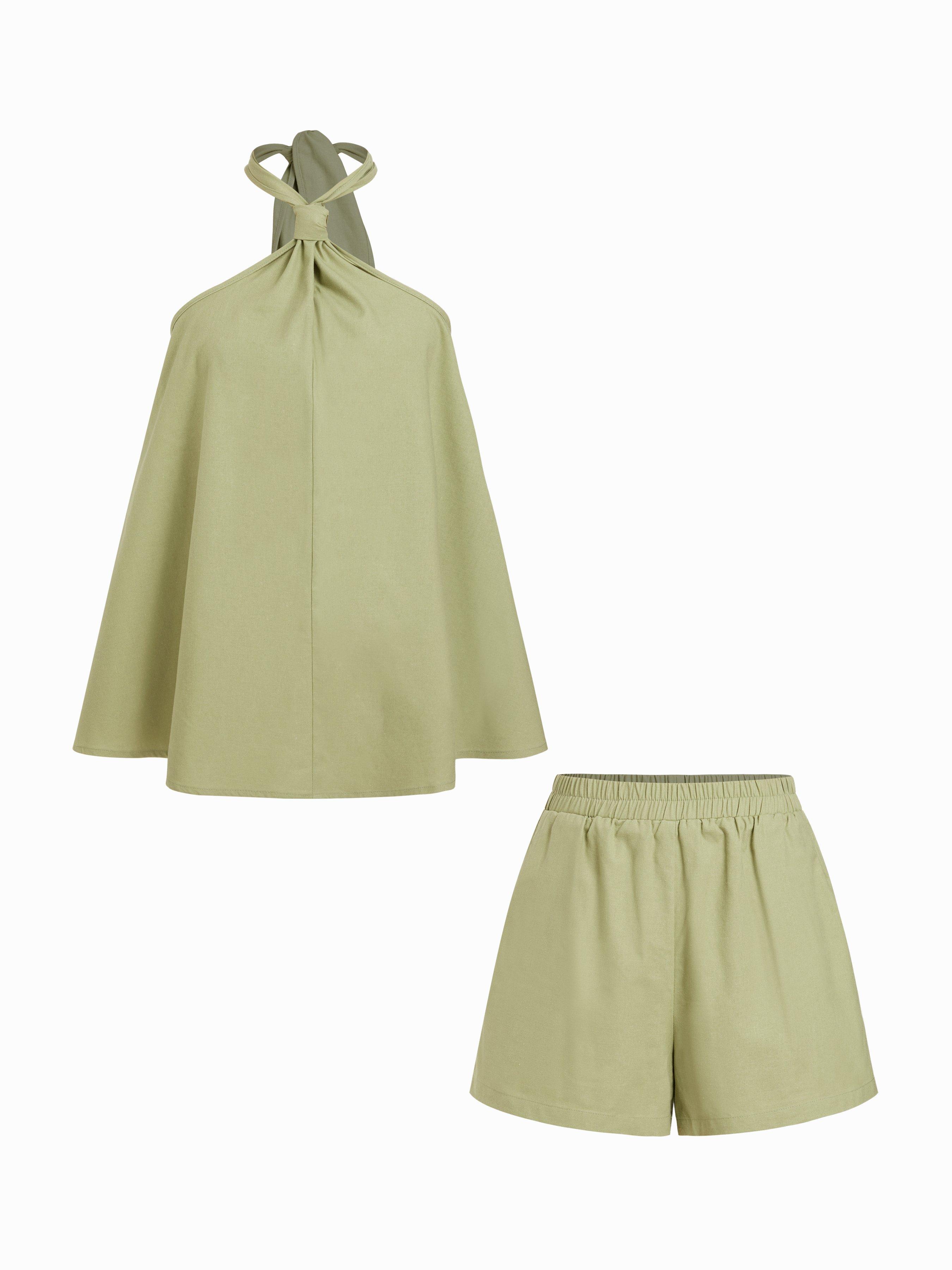 Linen-blend Halter Neck Twist Knotted Oversized Top & Mid Rise Shorts Set by CIDER