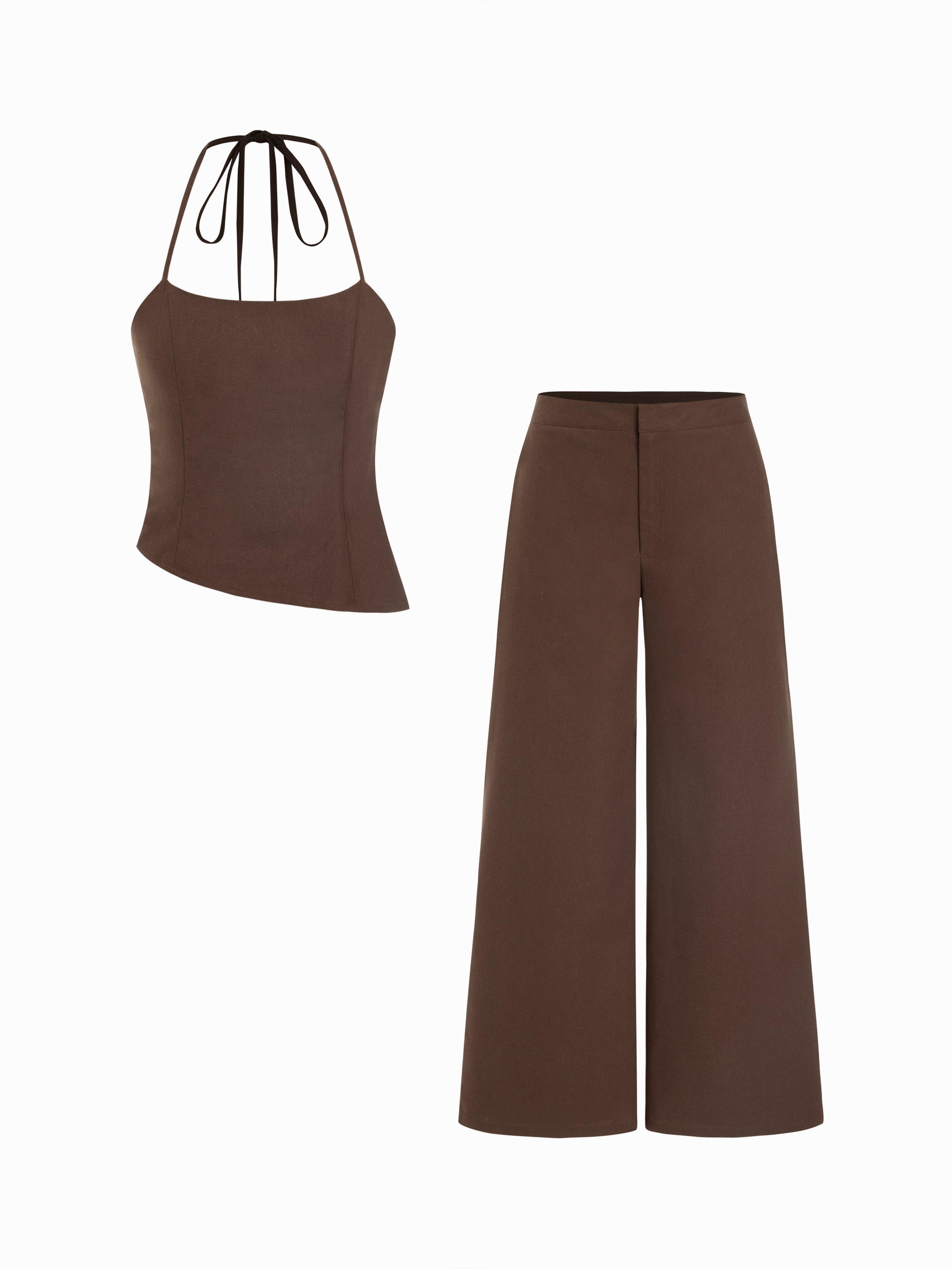 Linen-blend Halter Neckline Asymmetrical Top & Low Rise Straight Leg Trousers Set by CIDER