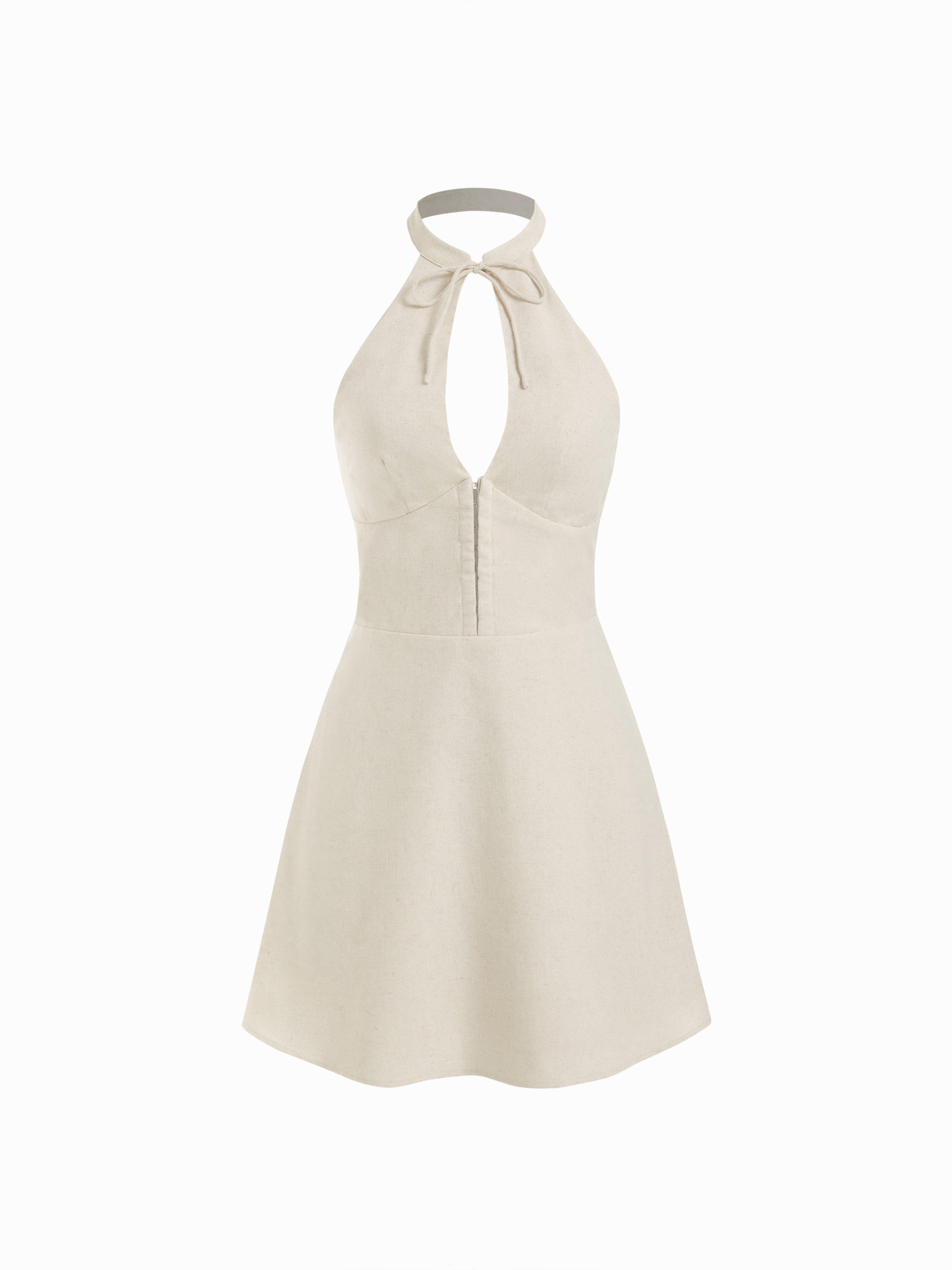 Linen-blend Halter Neckline Bowknot Cut Out A-line Mini Dress by CIDER