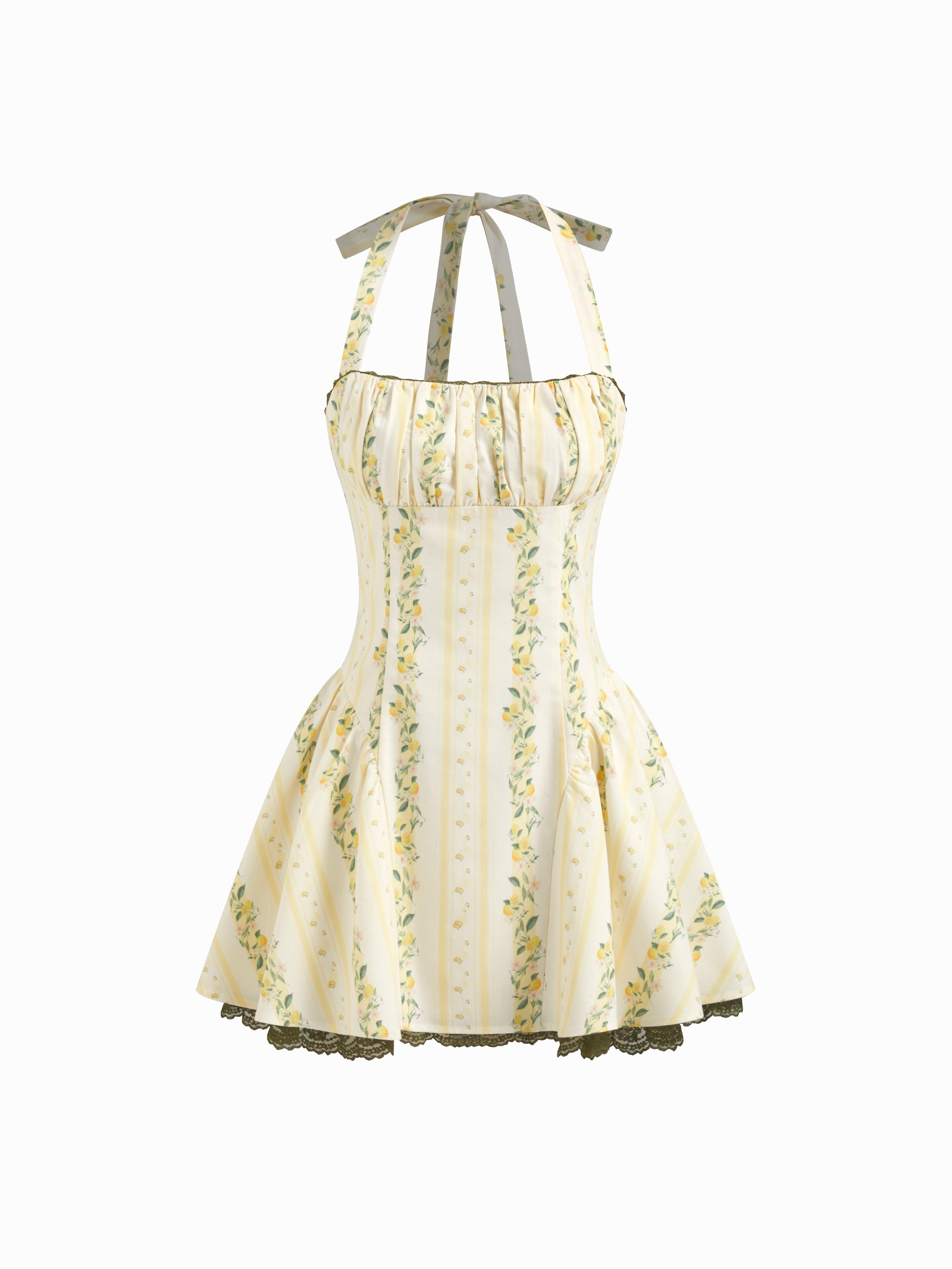 Linen-blend Halter Neckline Strawberry Floral Lace Up Ruffle Mini Dress by CIDER