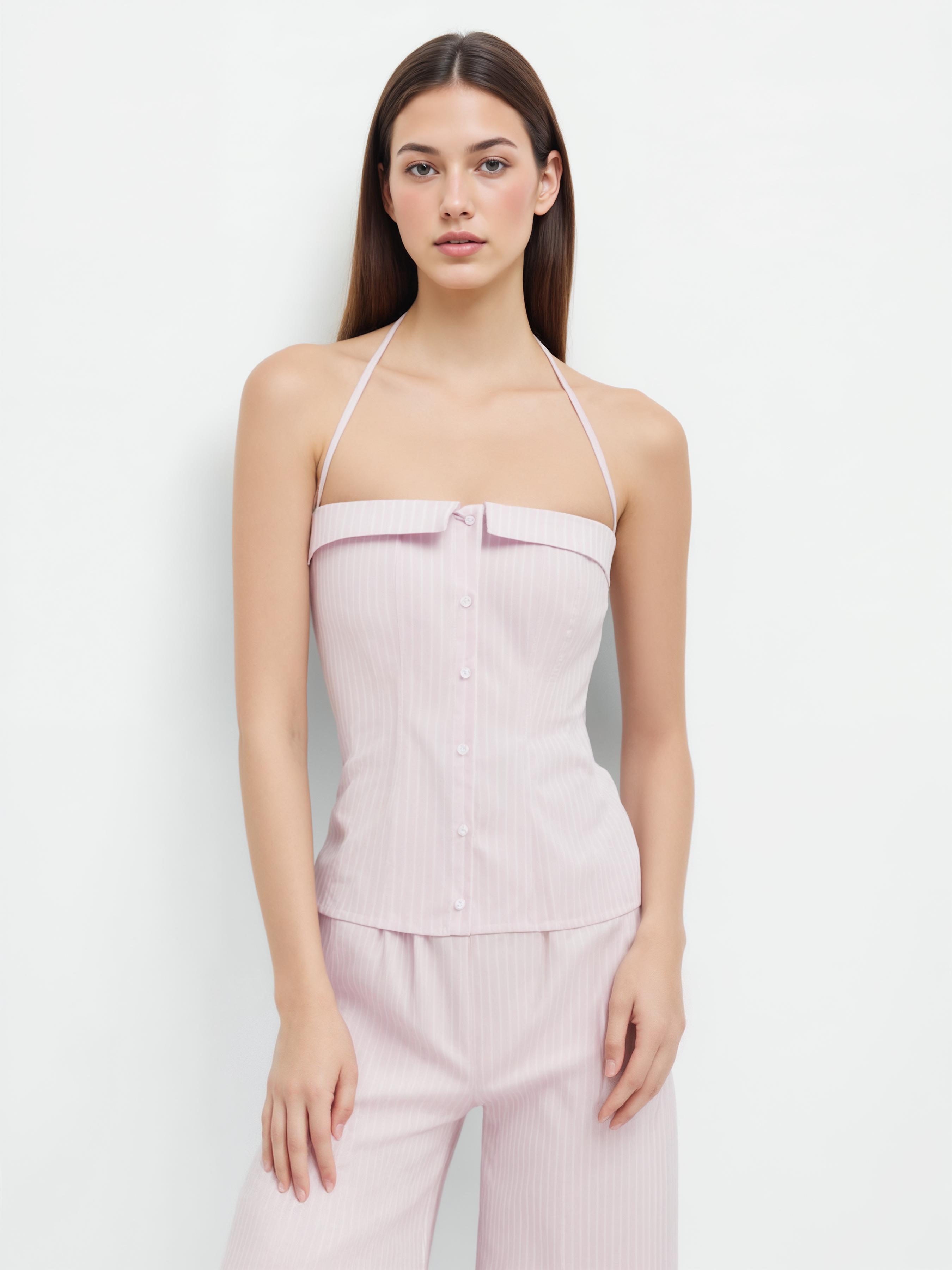 Linen-blend Halter Neckline Stripe Cami Top & Mid Rise Straight Leg Trousers by CIDER