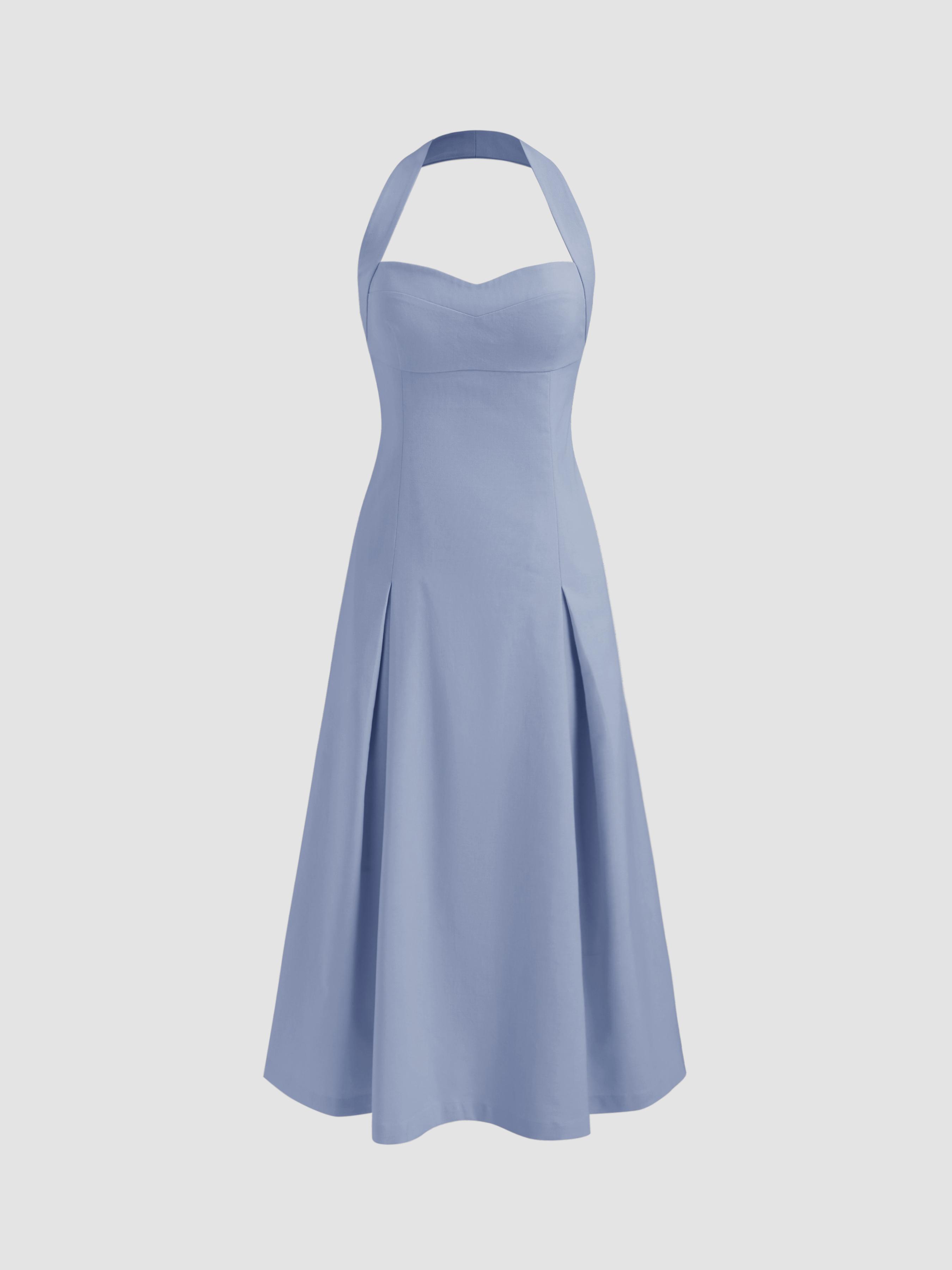 Linen-blend Halter Solid Backless Midi Dress by CIDER