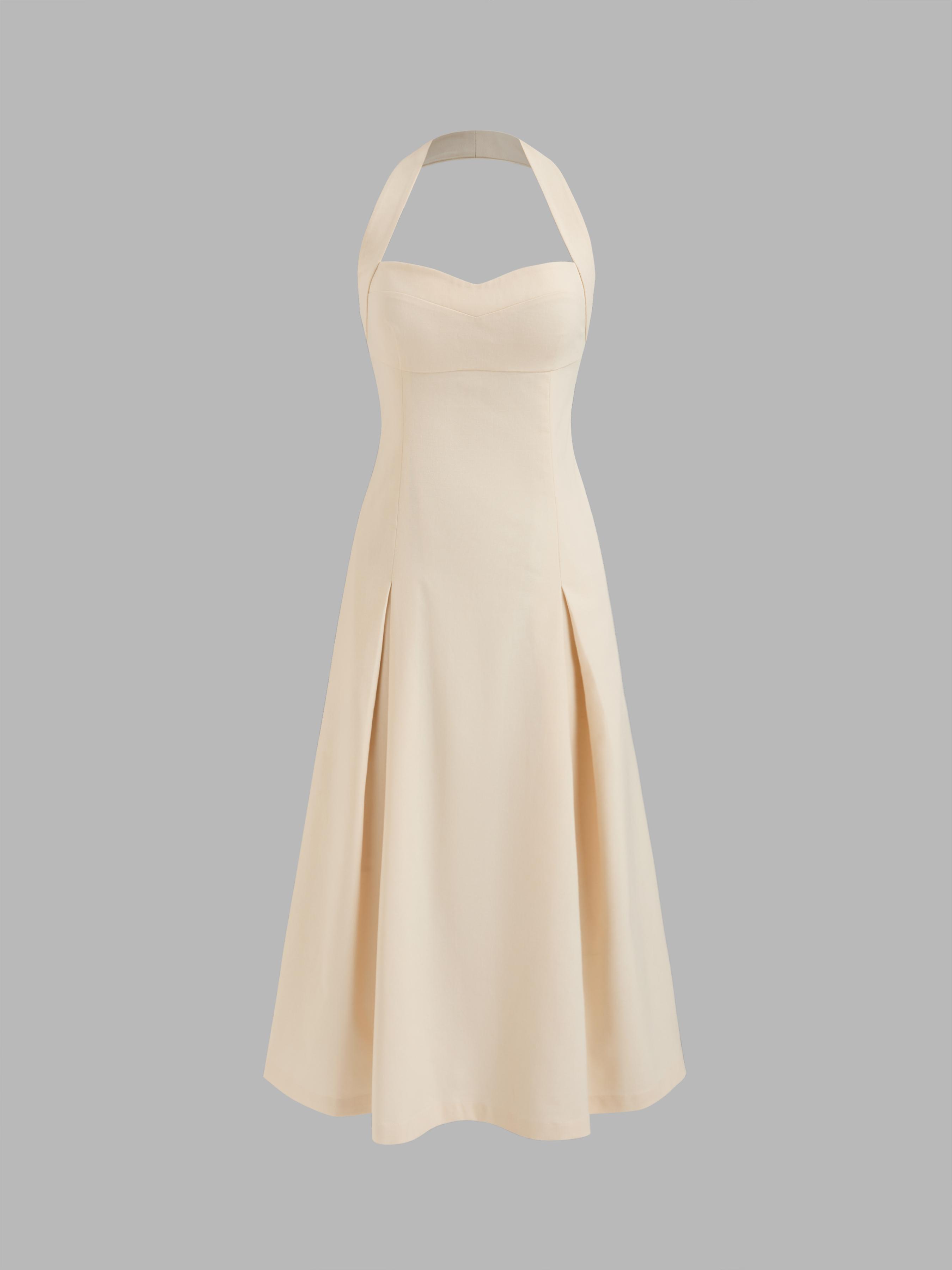 Linen-blend Halter Solid Backless Midi Dress by CIDER