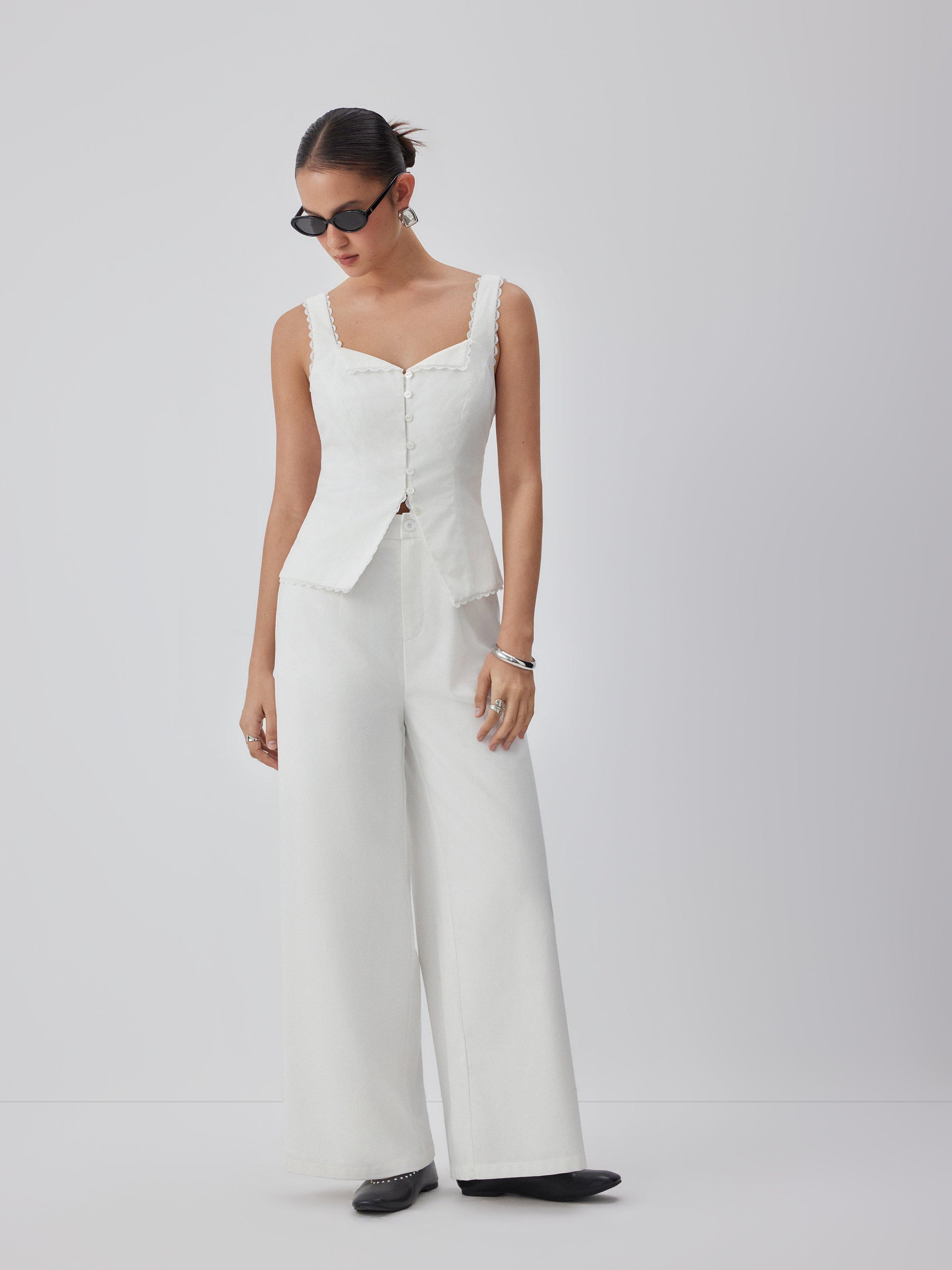 Linen-blend Lace Panel Mid Rise Wide Leg Jumpsuit by CIDER