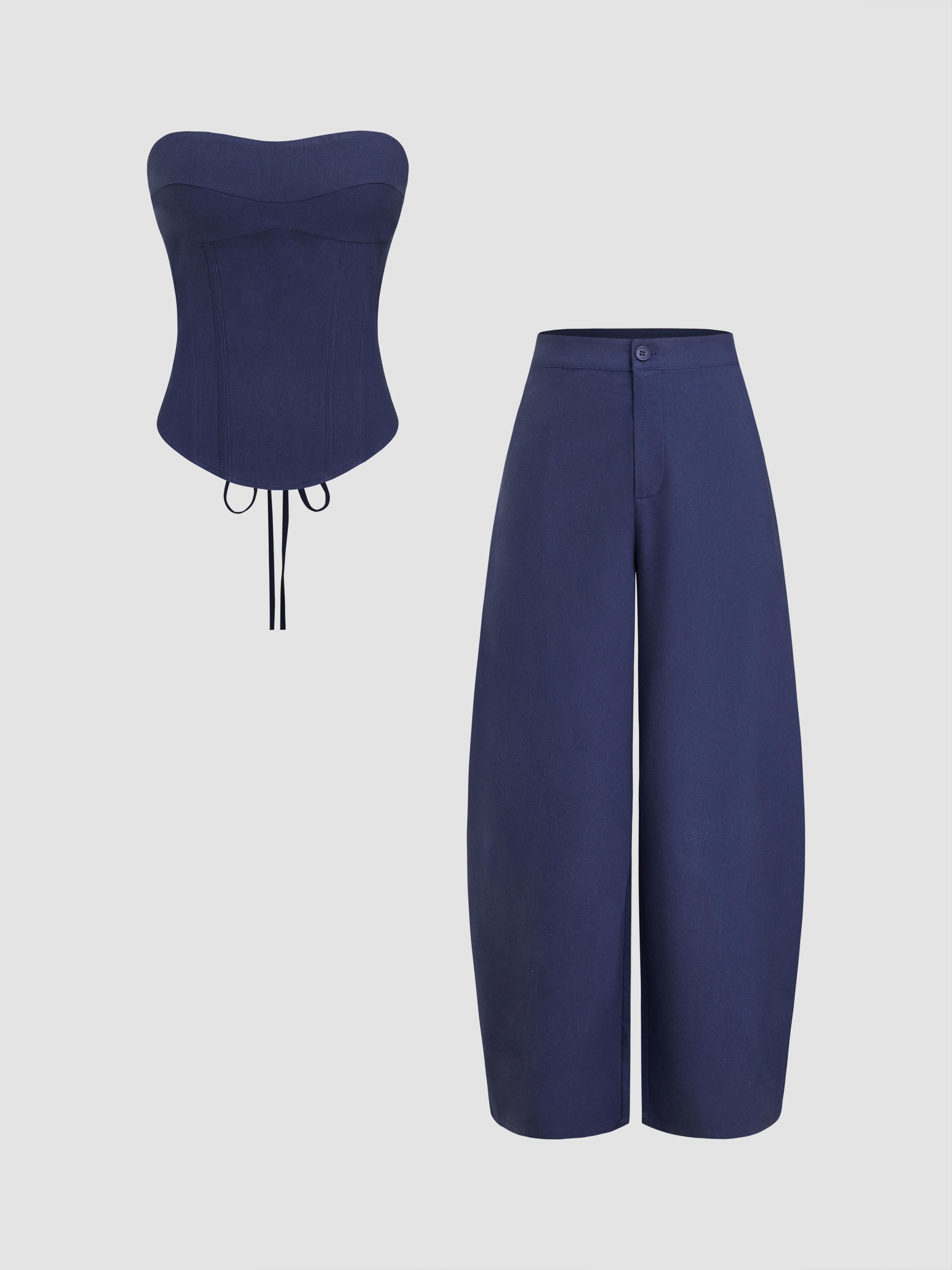 Linen-blend Lace Up Corset Bandeau Top & Mid Rise Barrel-leg Trousers Set by CIDER