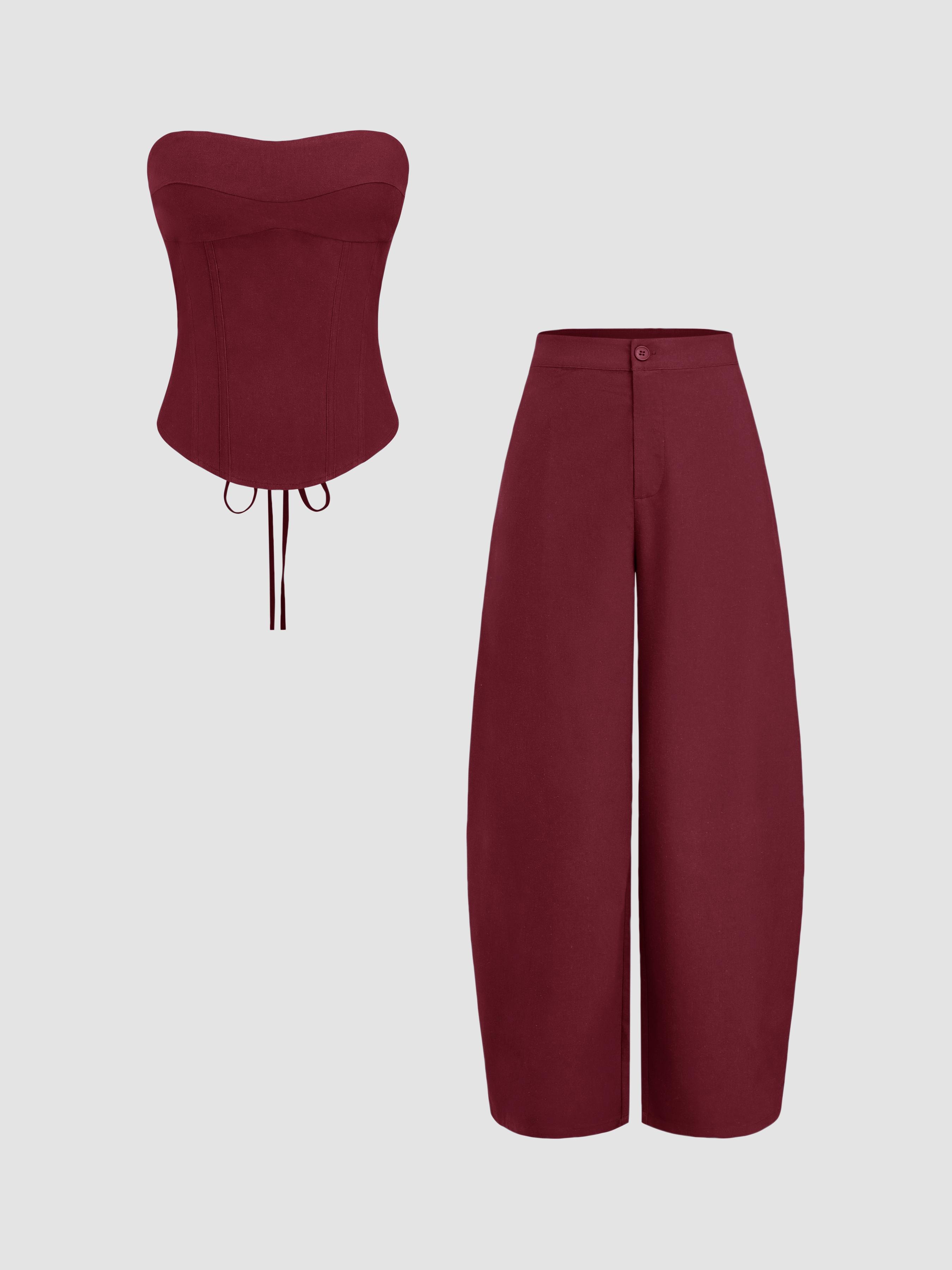Linen-blend Lace Up Corset Bandeau Top & Mid Rise Barrel-leg Trousers Set by CIDER
