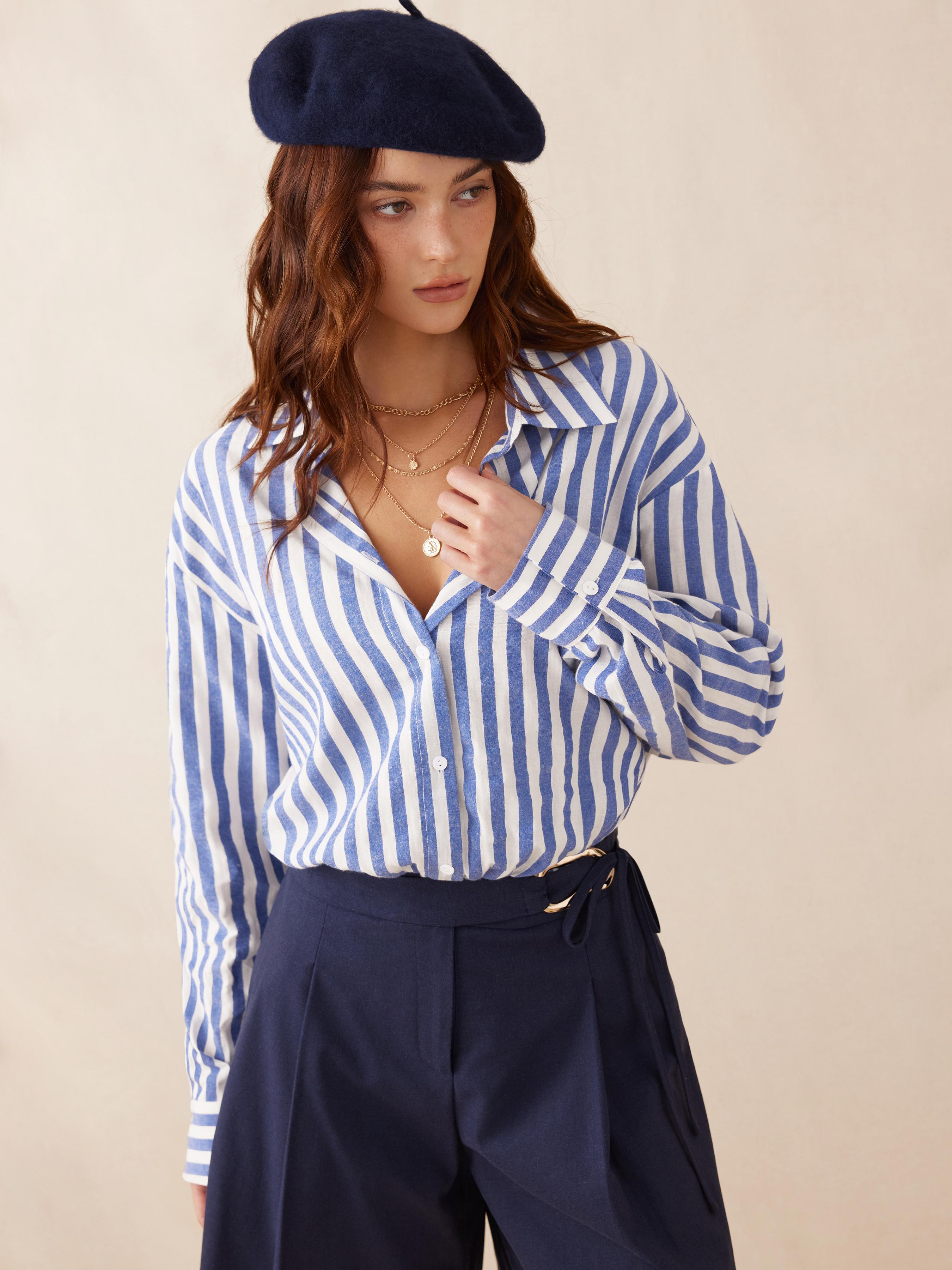 Linen-blend Long Sleeve Striped Color-Blocking Shirt Bodysuit by CIDER