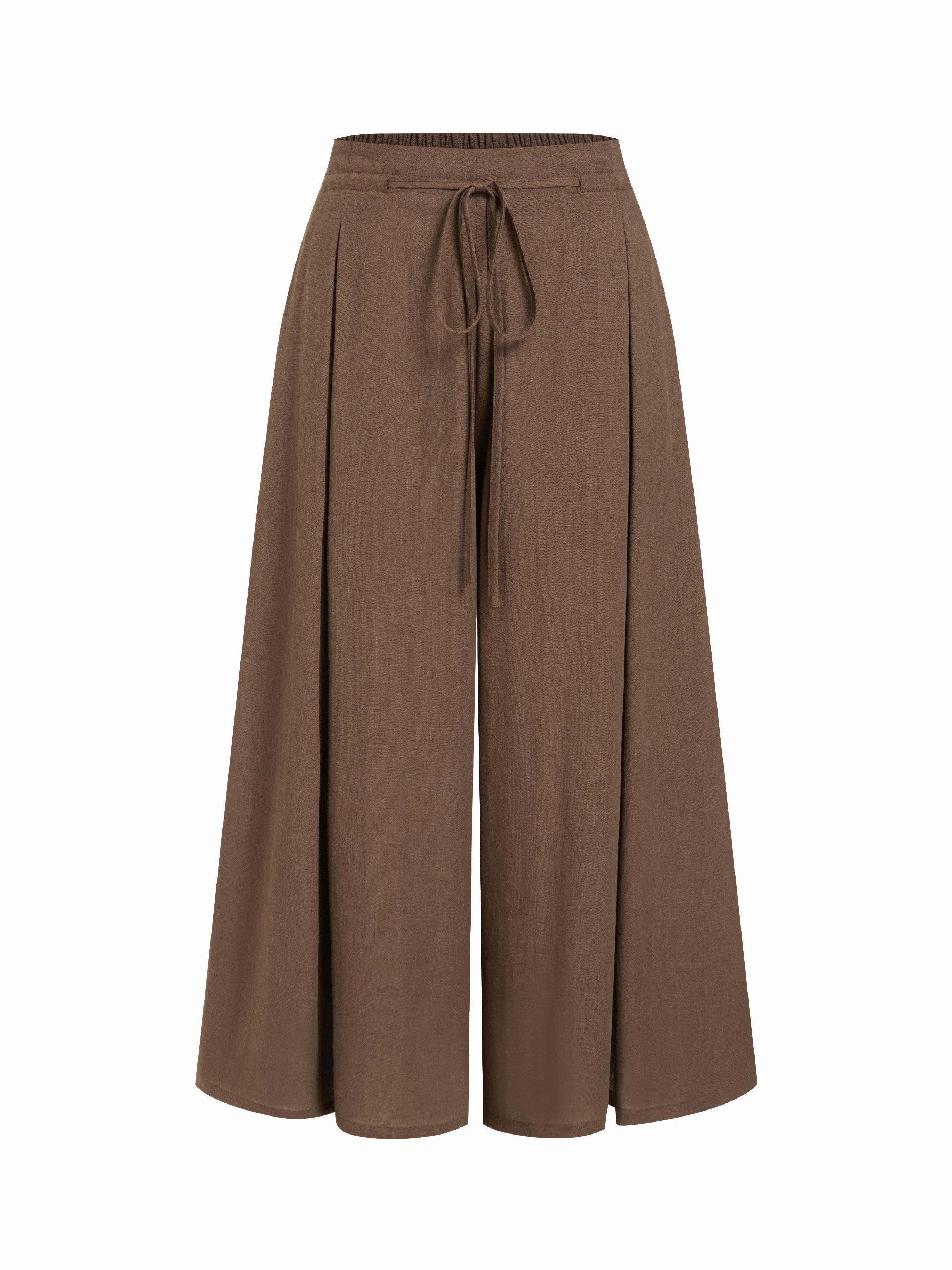 Linen-blend Low Rise Drawstring Wide Leg Cropped Trousers by CIDER
