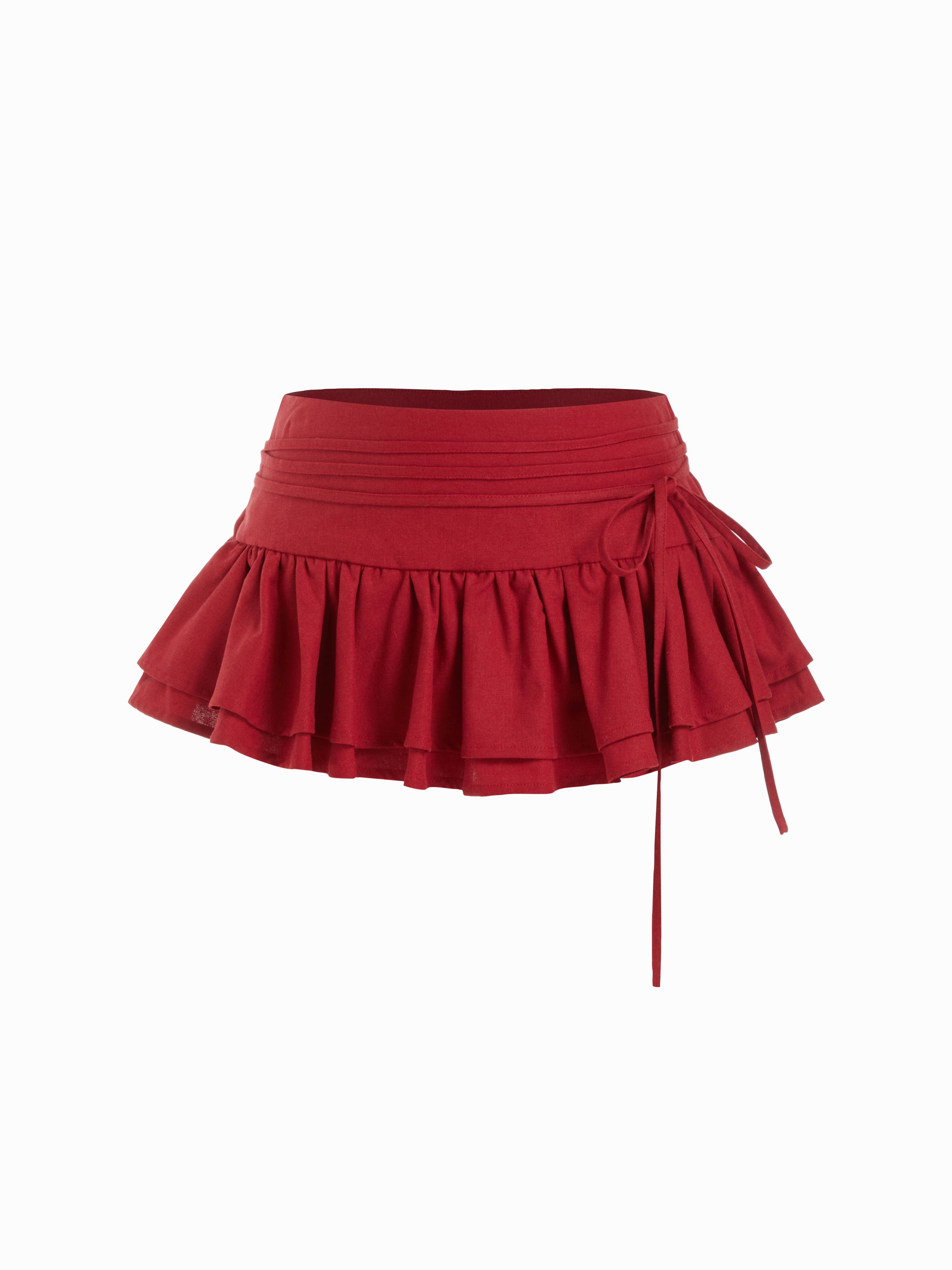 Linen-blend Low Rise Knotted Ruffled Layered Mini Skort by CIDER