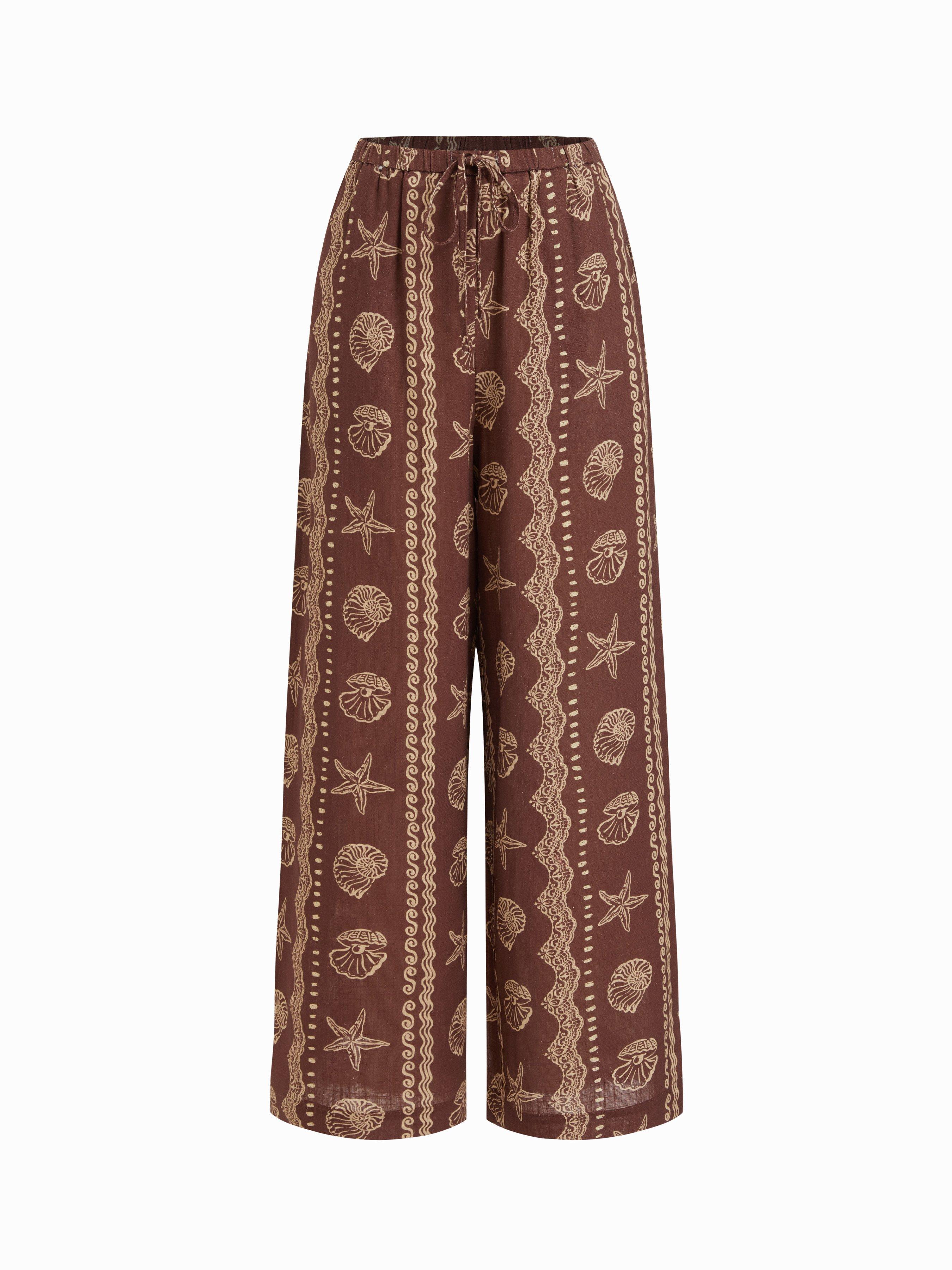 Linen-blend Low Rise Shell and Starfish Graphic Drawstring Wide Leg Trousers by CIDER