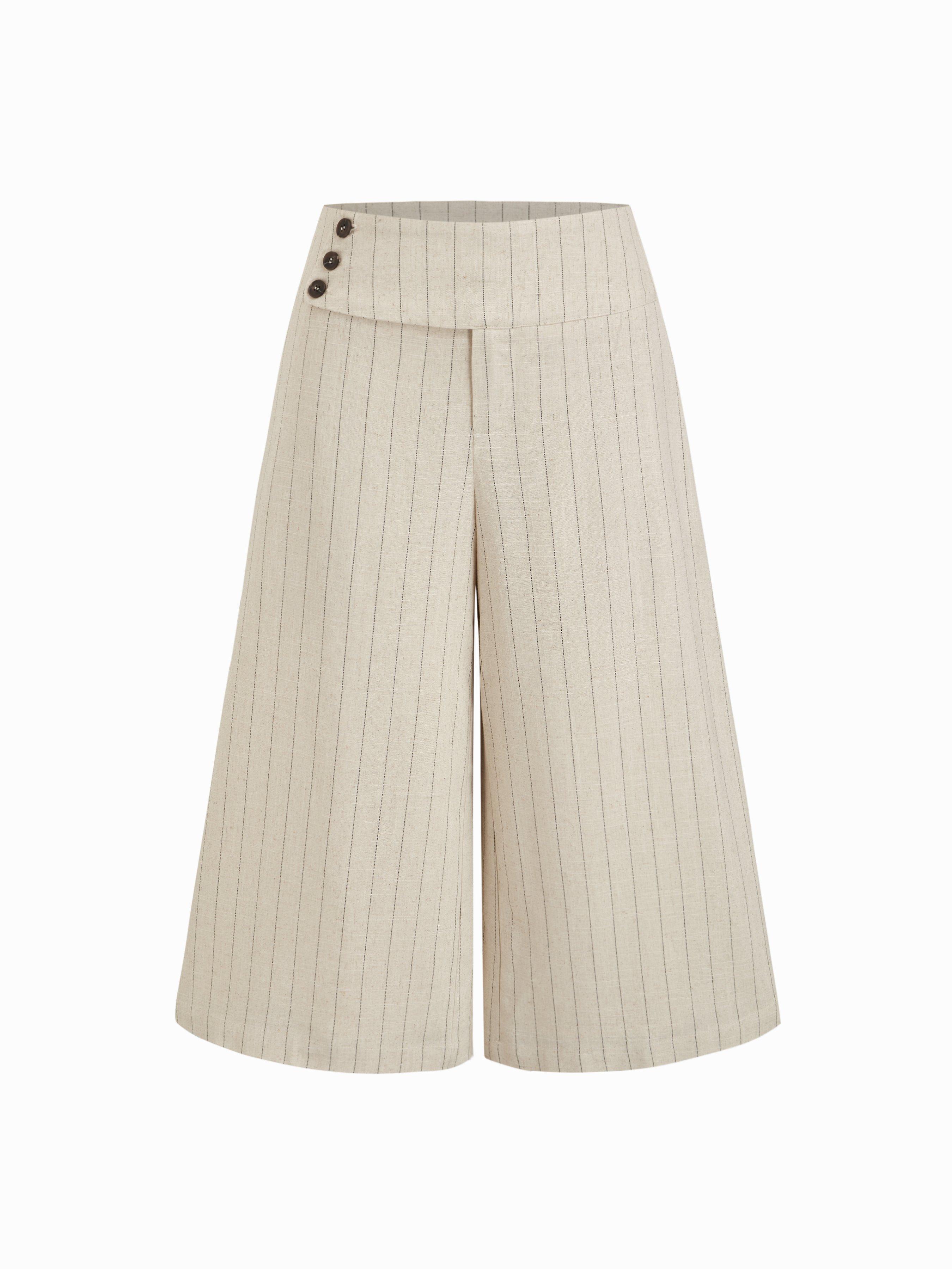 Linen-blend Low Rise Stripe Wide Leg Capris by CIDER