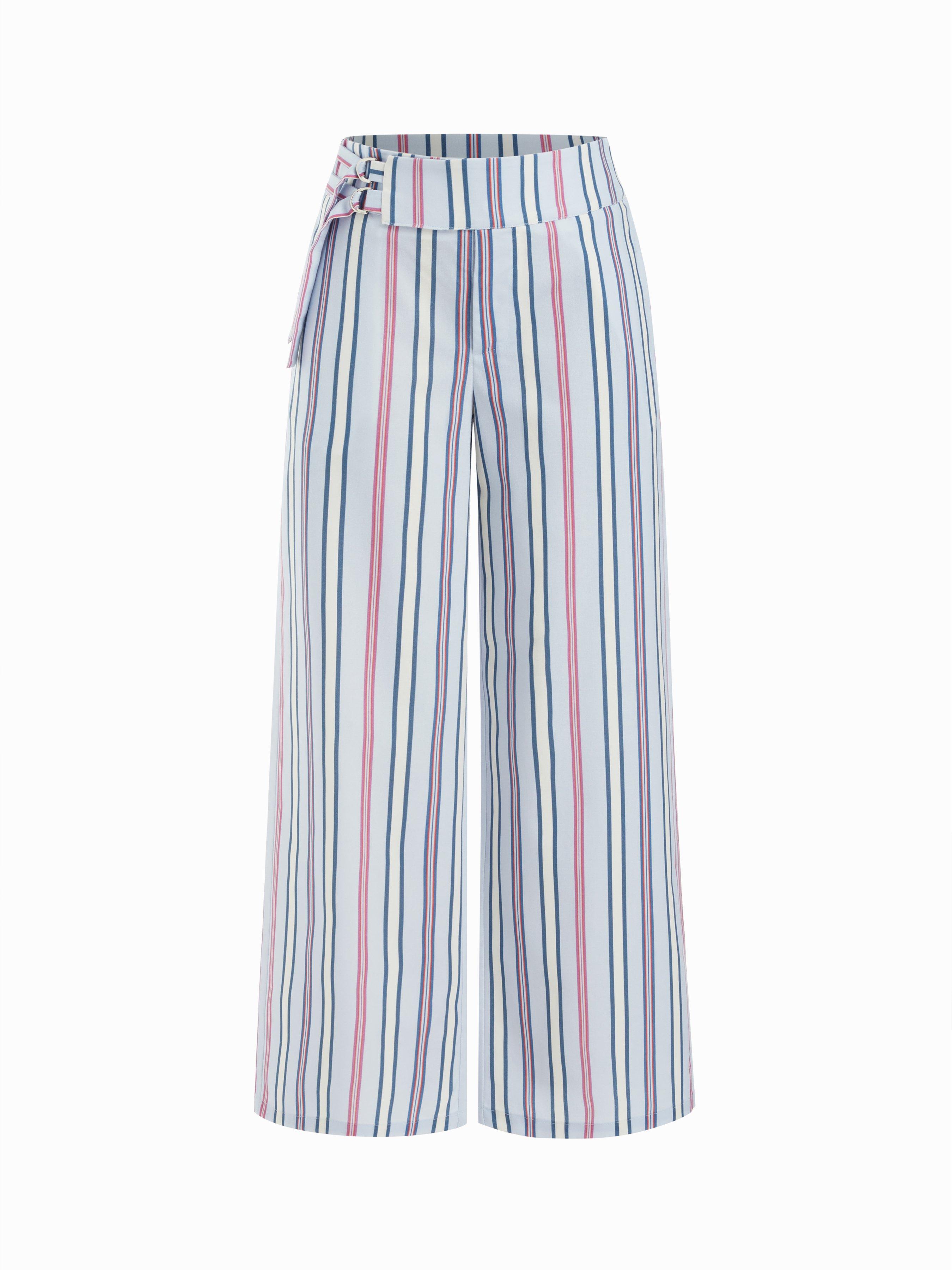 Linen-blend Low Rise Striped Belted Wide Leg Trousers by CIDER