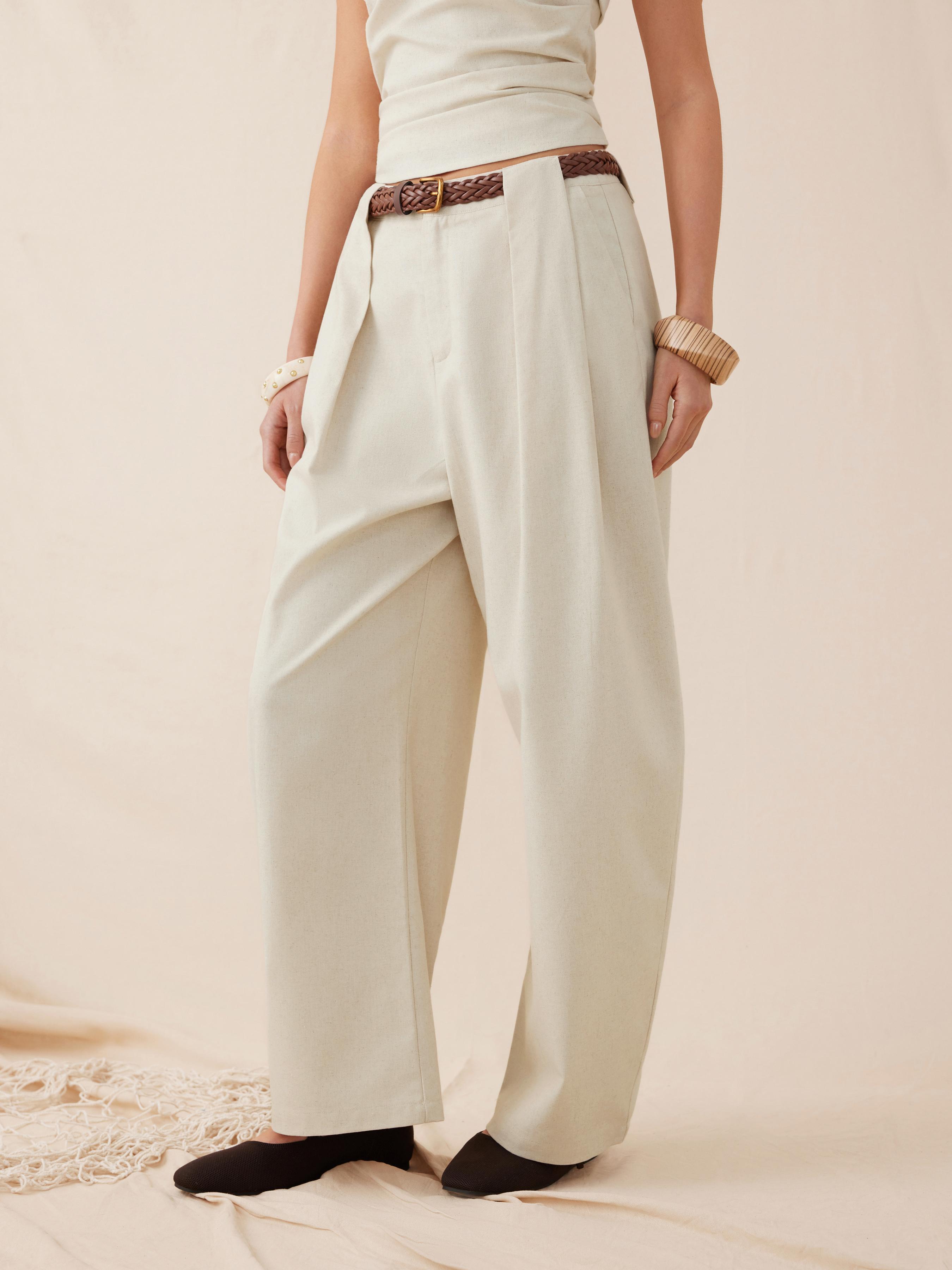 Linen-blend Mid Rise Belted Tapered Trousers by CIDER