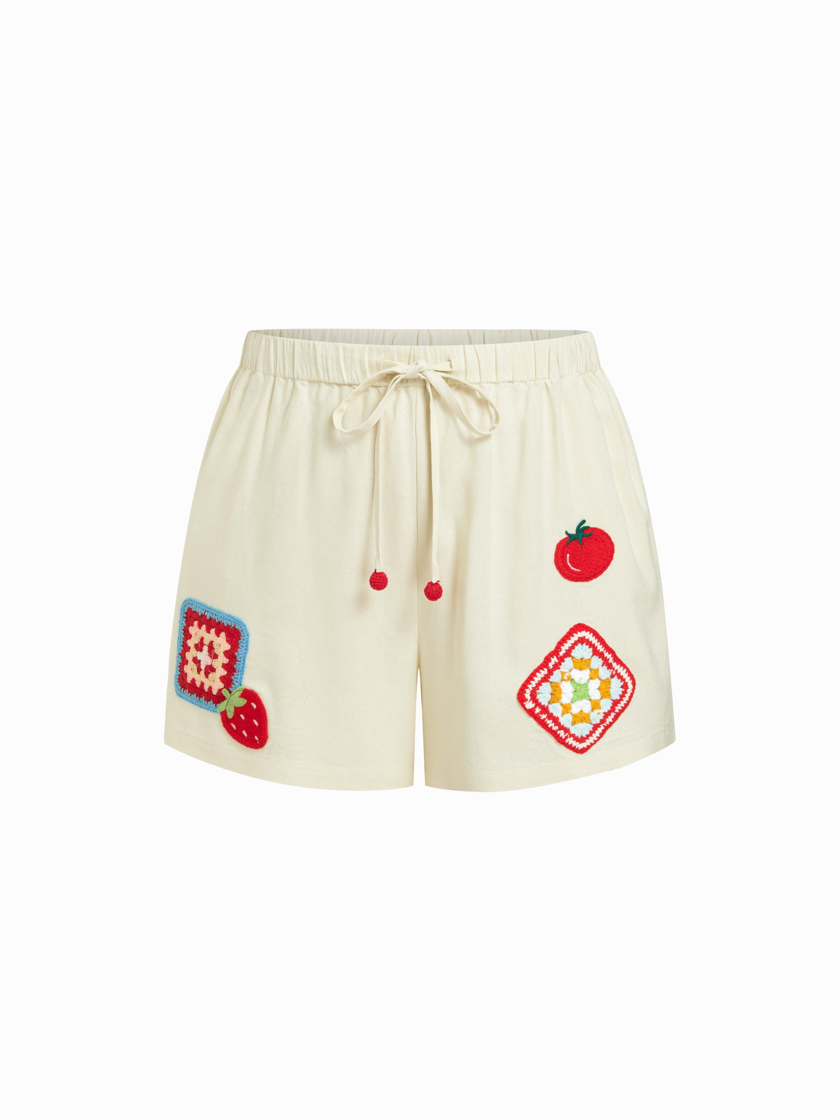 Linen-blend Mid Rise Fruit Applique Shorts Curve & Plus by CIDER