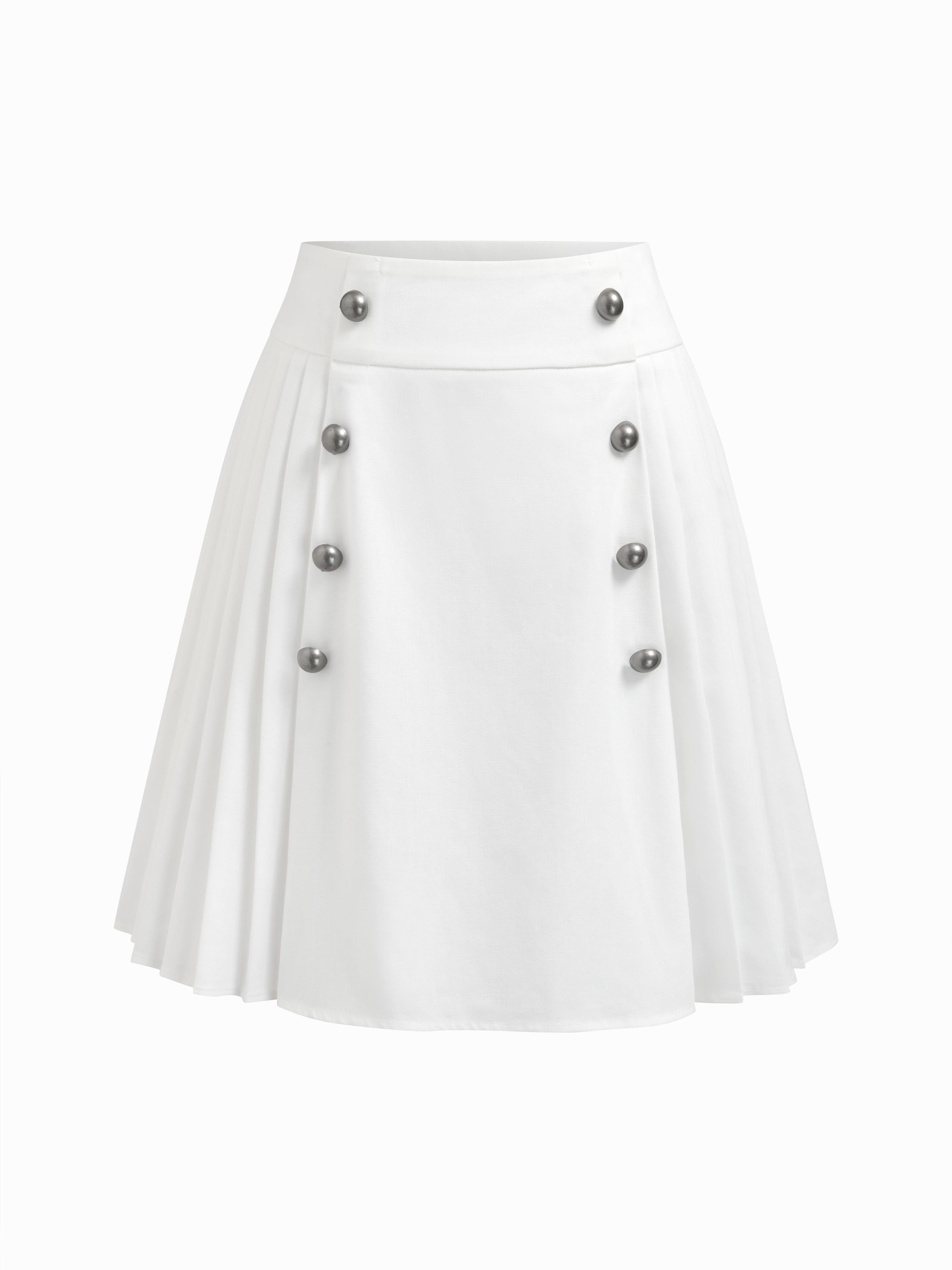 Linen-blend Mid Rise Pleated Metal Detail A-line Midi Skirt by CIDER