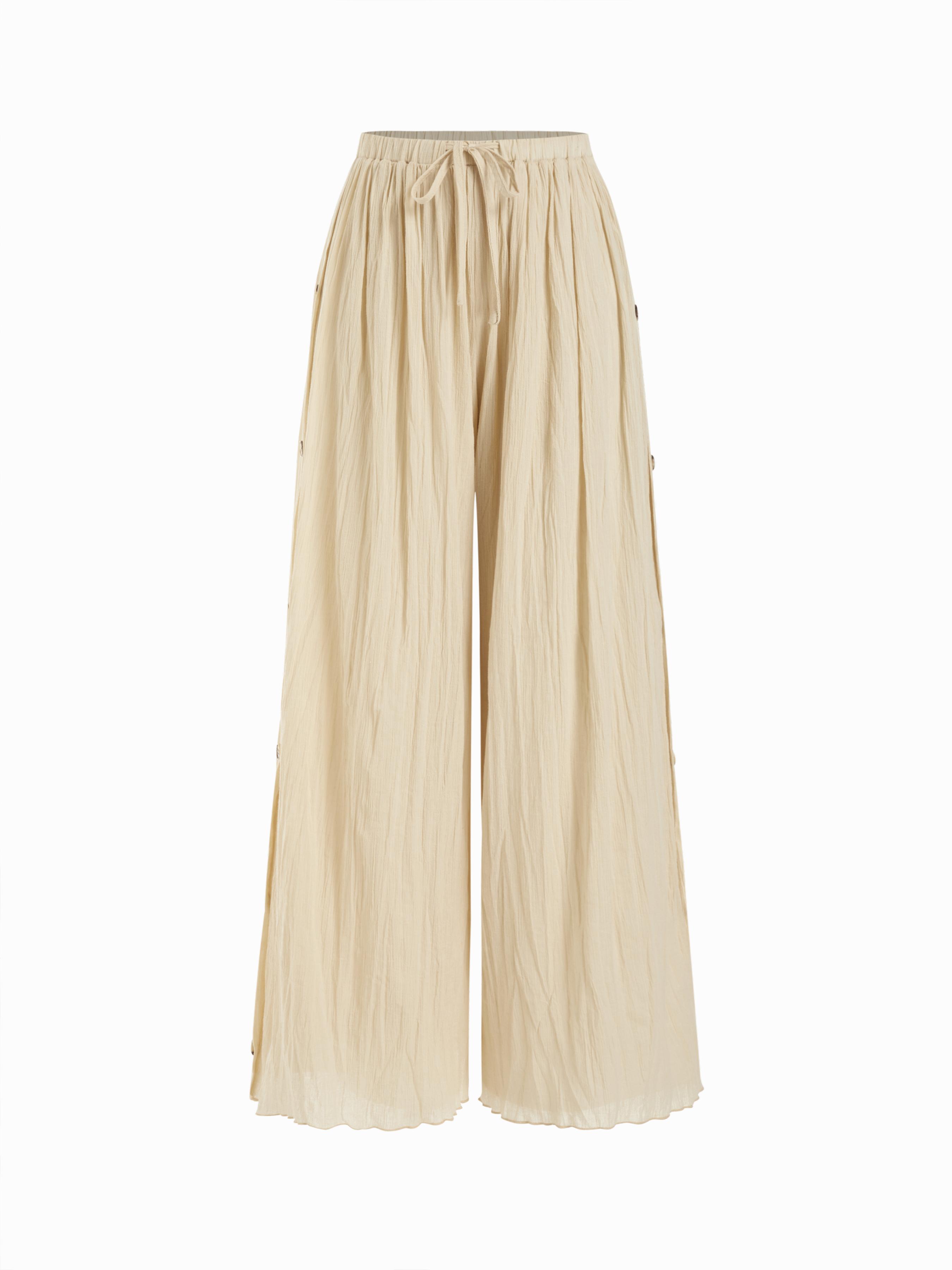 Linen-blend Mid Rise Side Button Wide Leg Trousers by CIDER