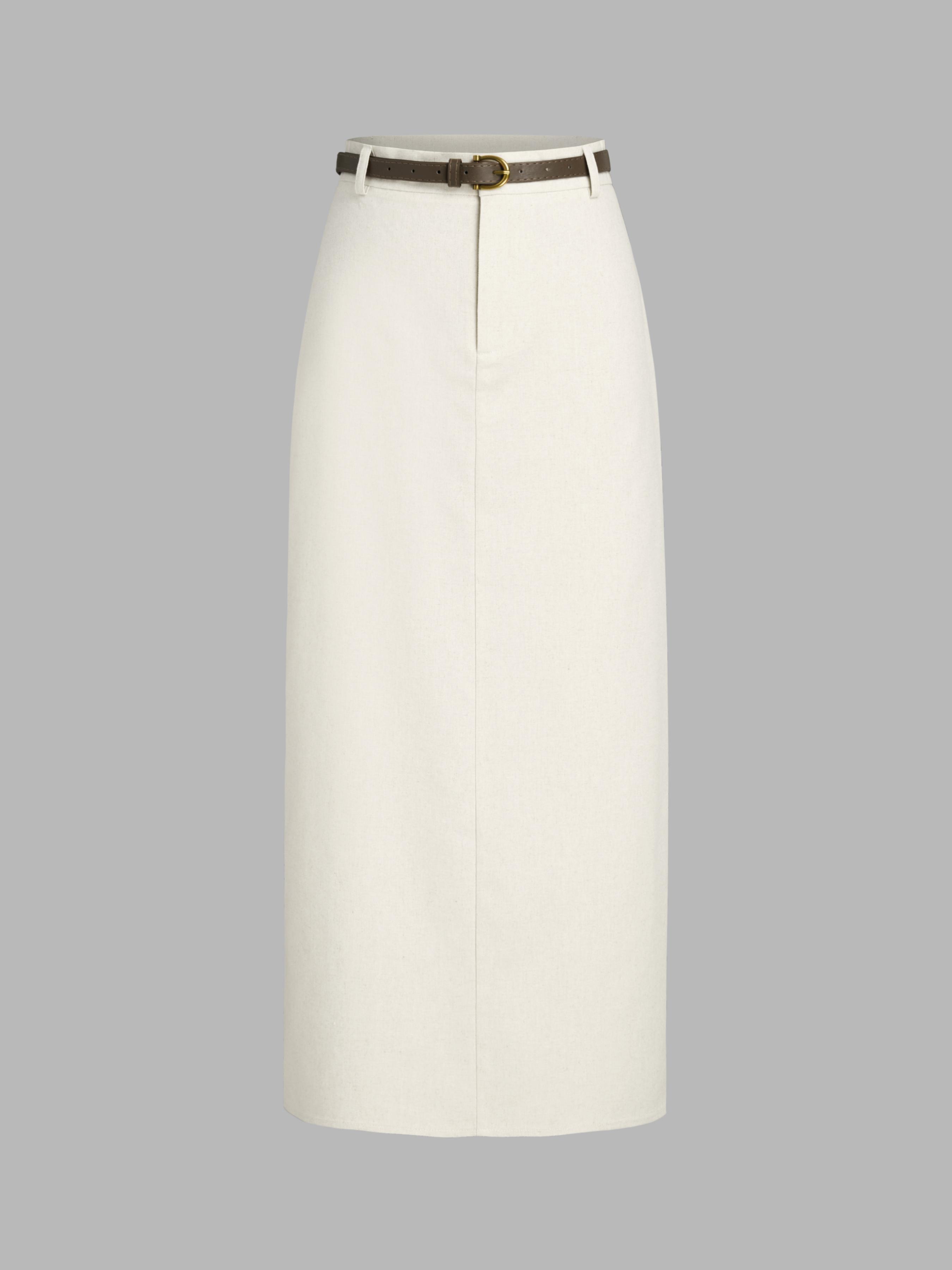 Linen-blend Mid Rise Solid Midi Skirt With Belt by CIDER