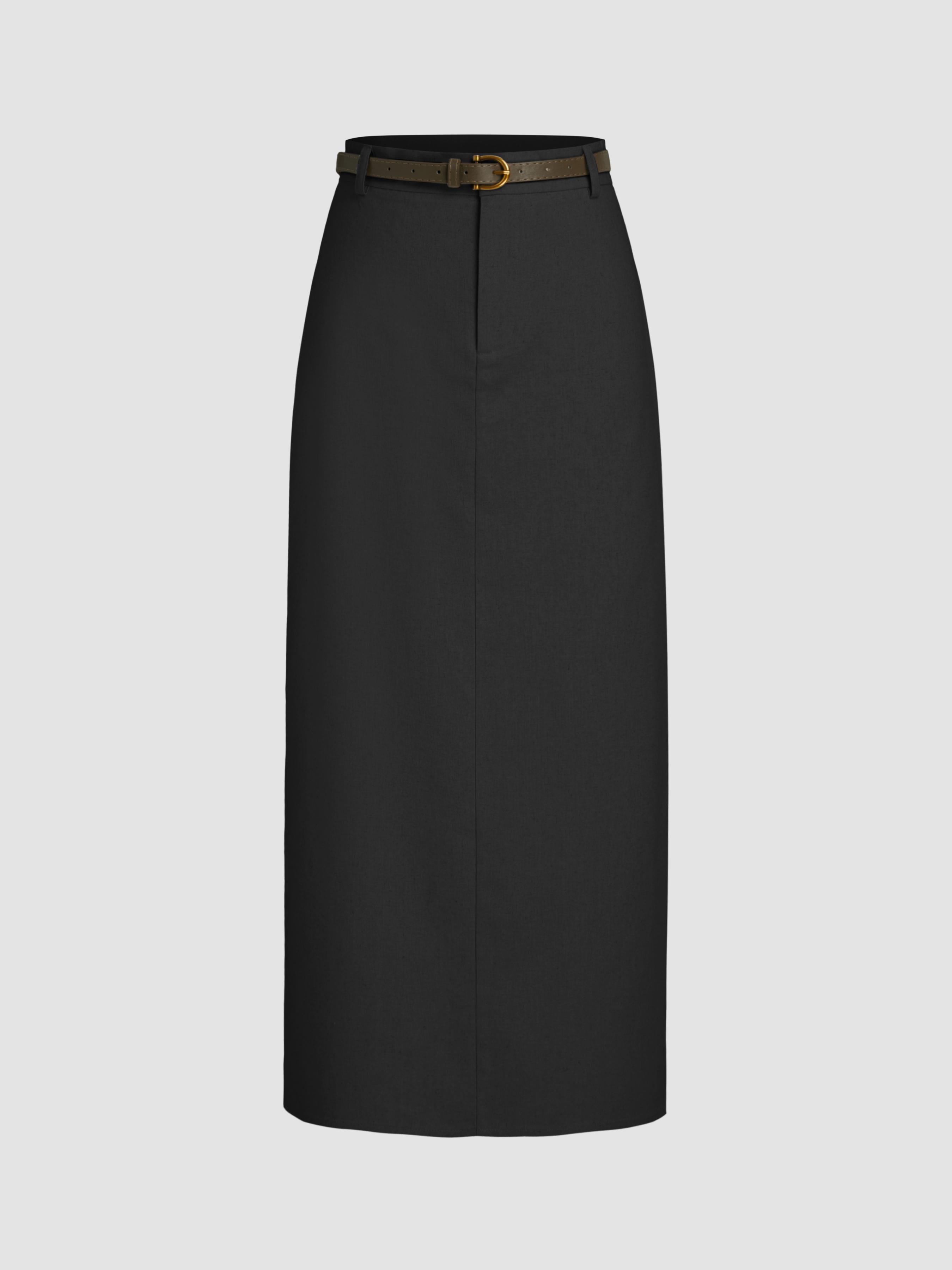 Linen-blend Mid Rise Solid Midi Skirt With Belt by CIDER