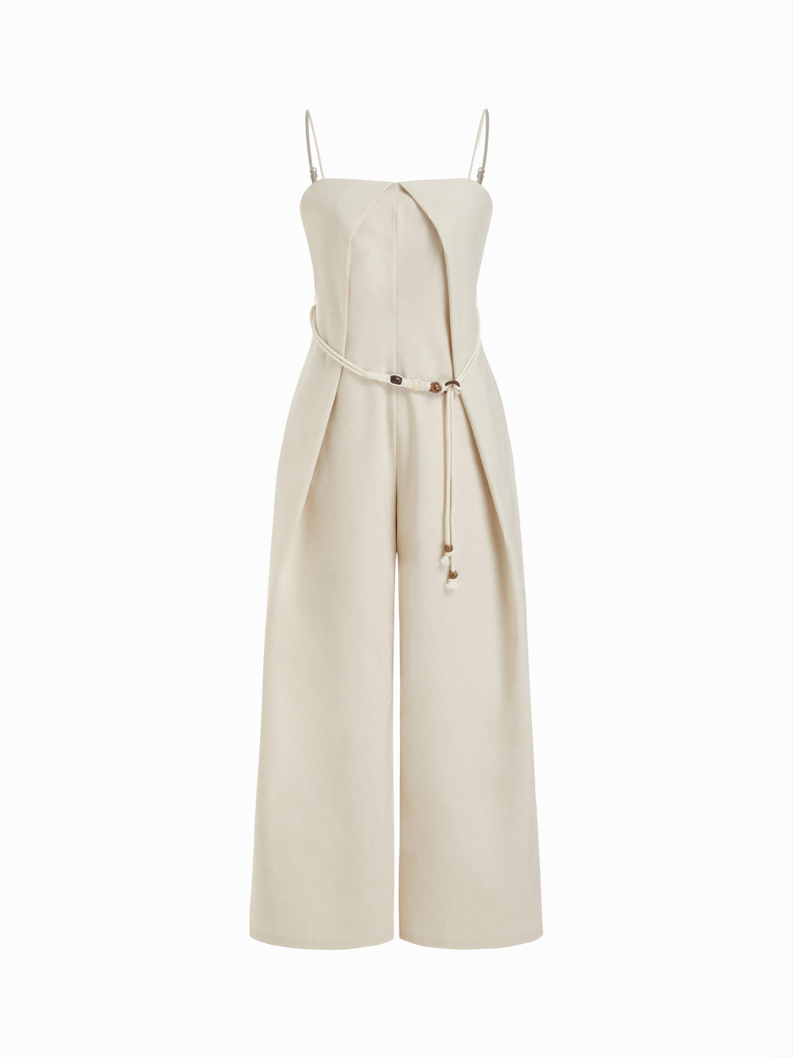 Linen-blend Mid Rise Straight Leg Jumpsuit With Beaded Belt by CIDER