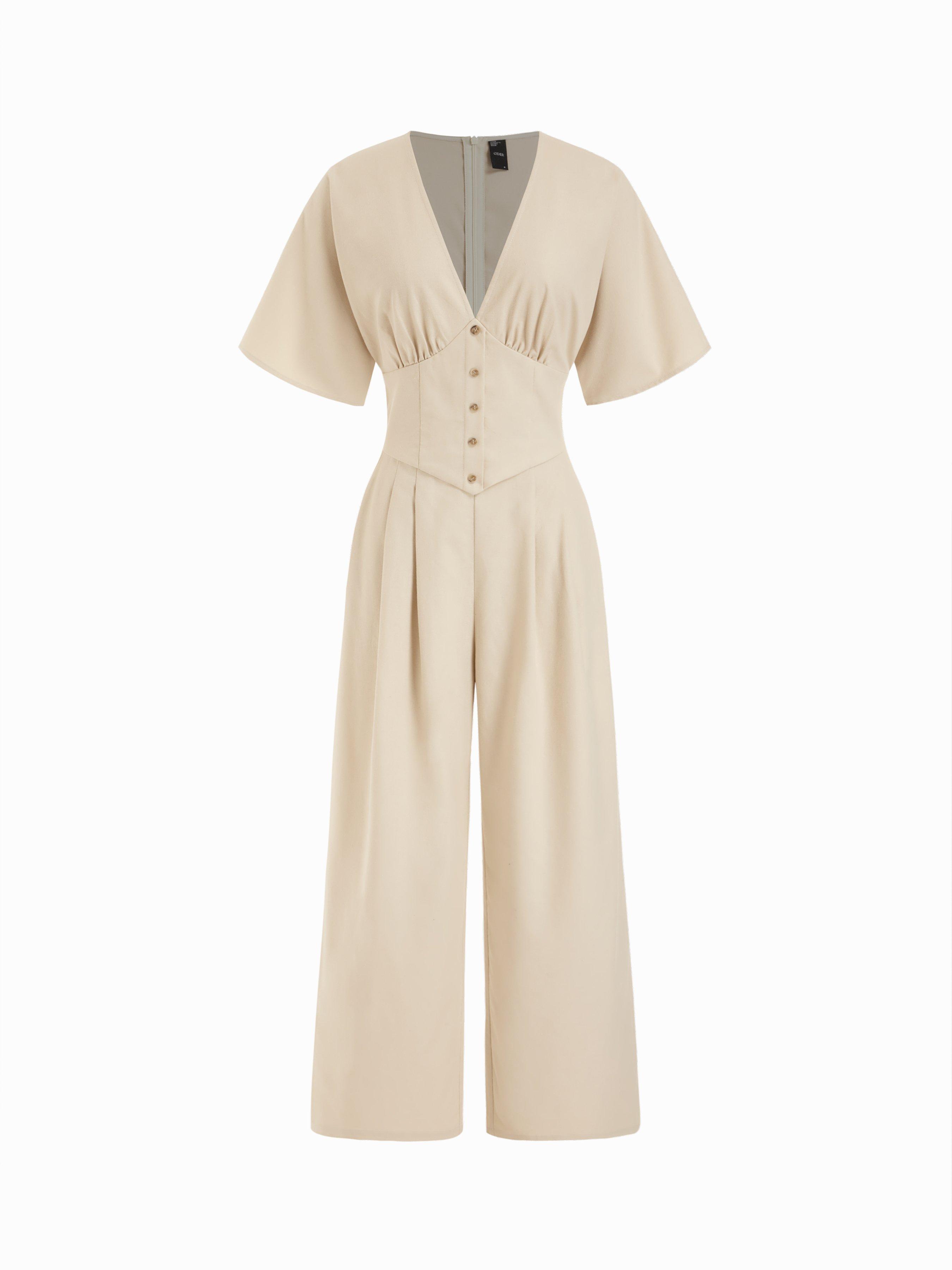 Linen-blend Mid Rise V-neck Ruched Wide Leg Jumpsuit by CIDER