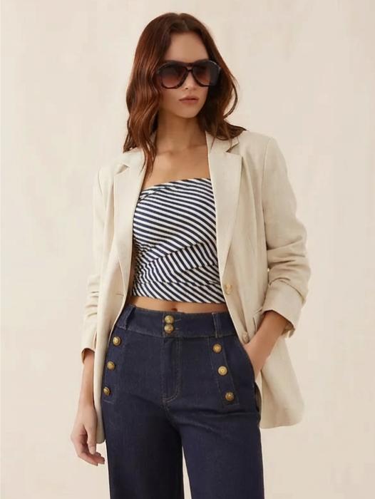 Linen-blend Notched Collar Regular Fit Blazer by CIDER