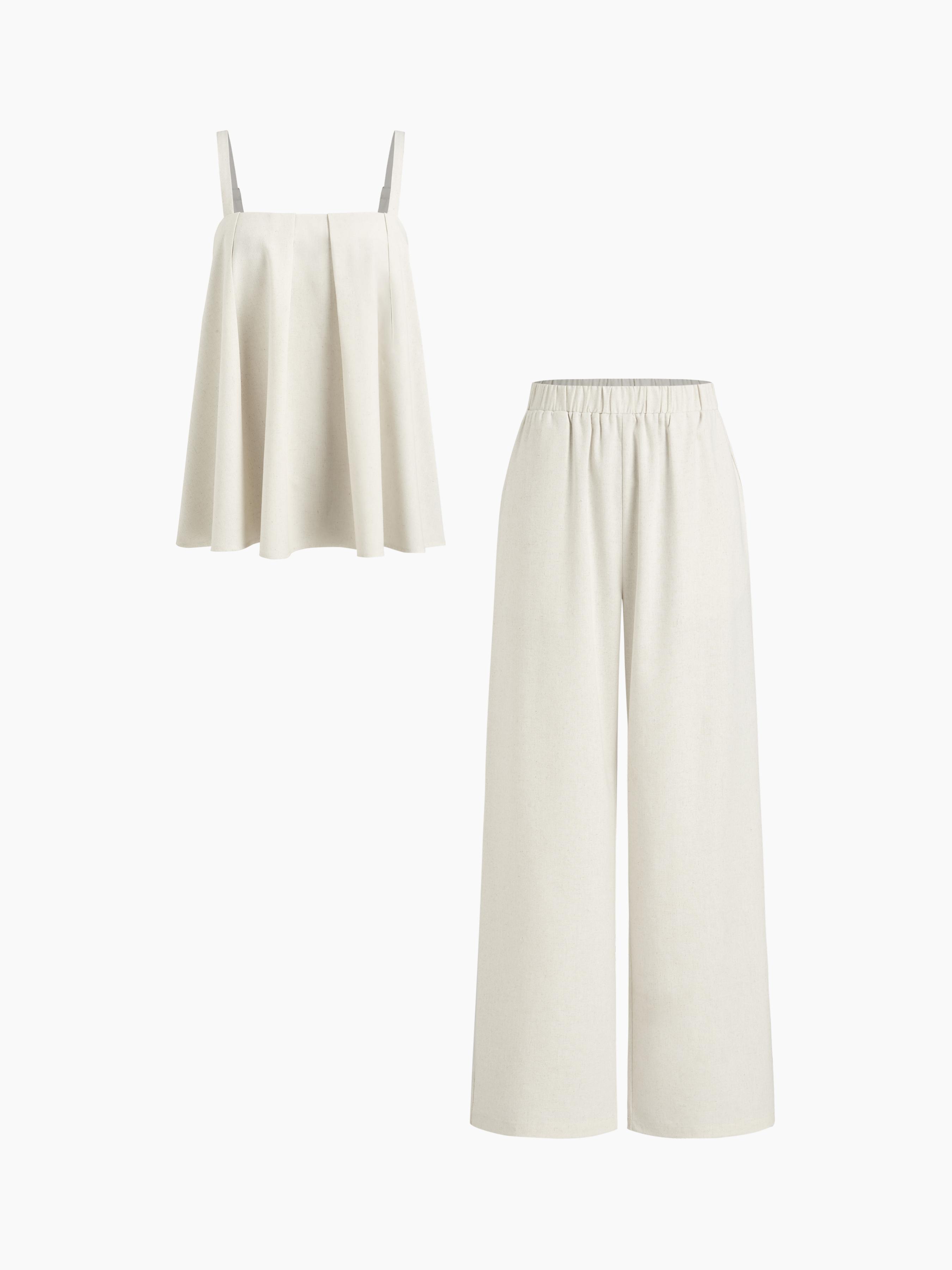 Linen-blend Pleated Cami Top & Mid Rise Elastic Waist Straight Leg Trousers Set by CIDER