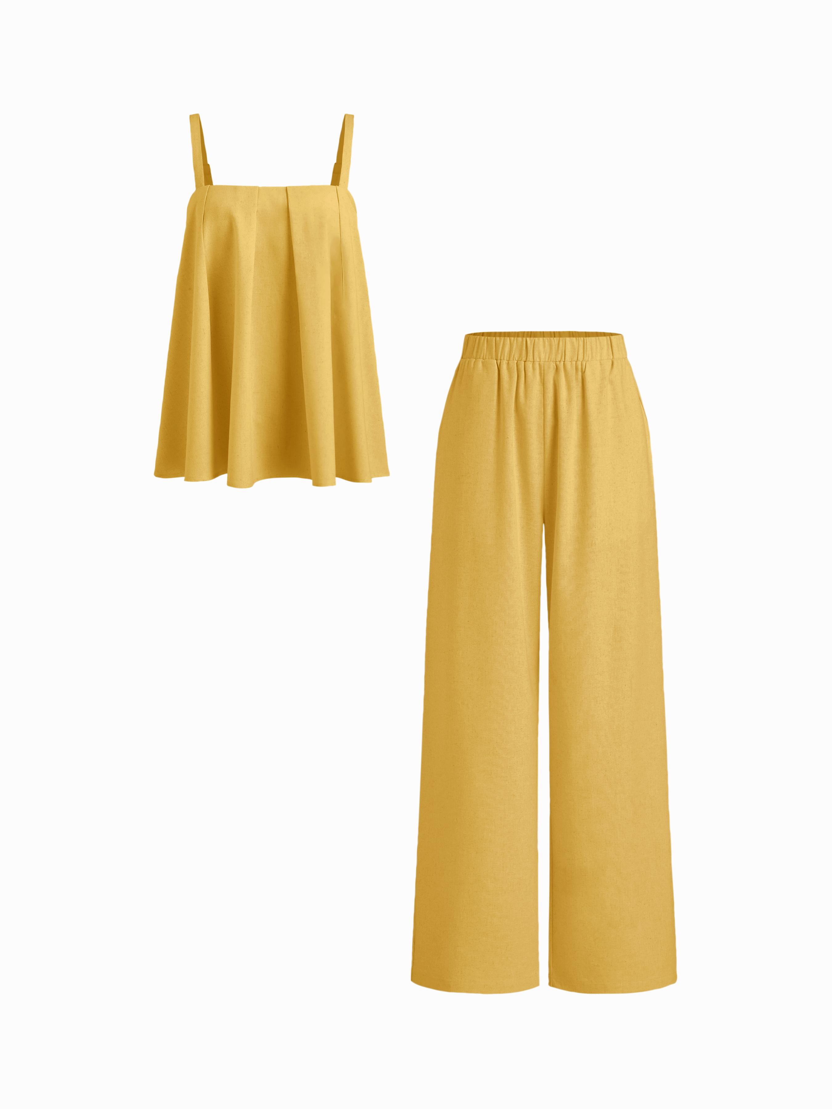 Linen-blend Pleated Cami Top & Mid Rise Elastic Waist Straight Leg Trousers Set by CIDER