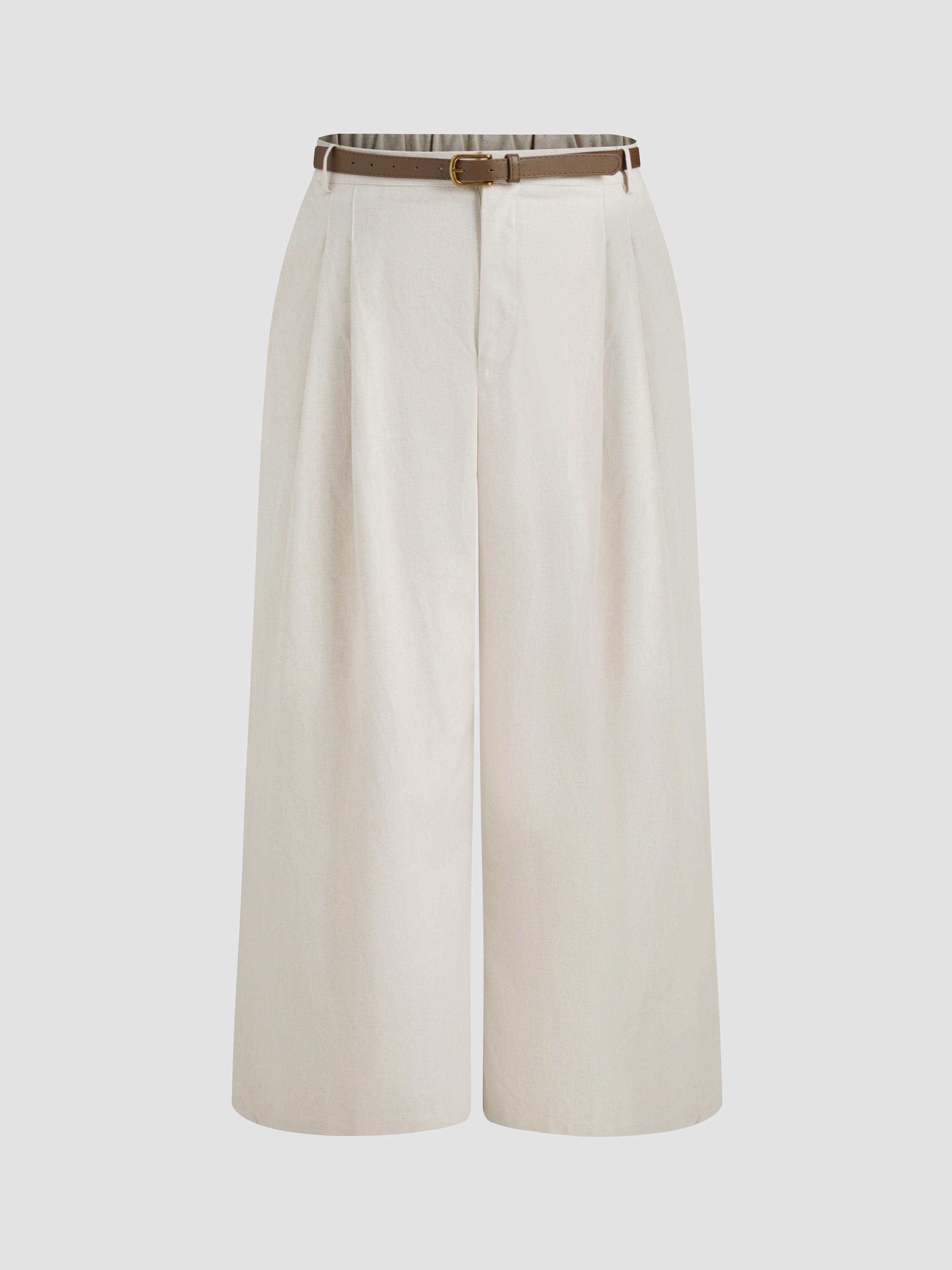Linen-blend Pocket Wide Leg Pants With Belt Curve & Plus by CIDER