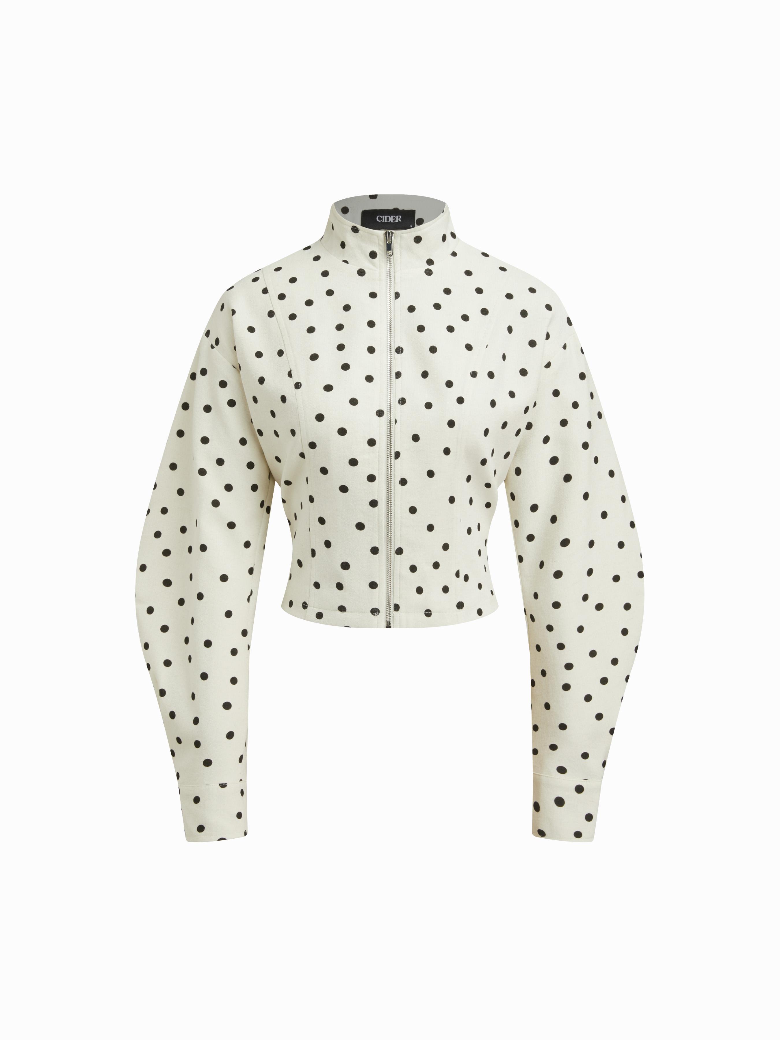 Linen-blend Polka Dot High Neck Zip Through Jacket by CIDER