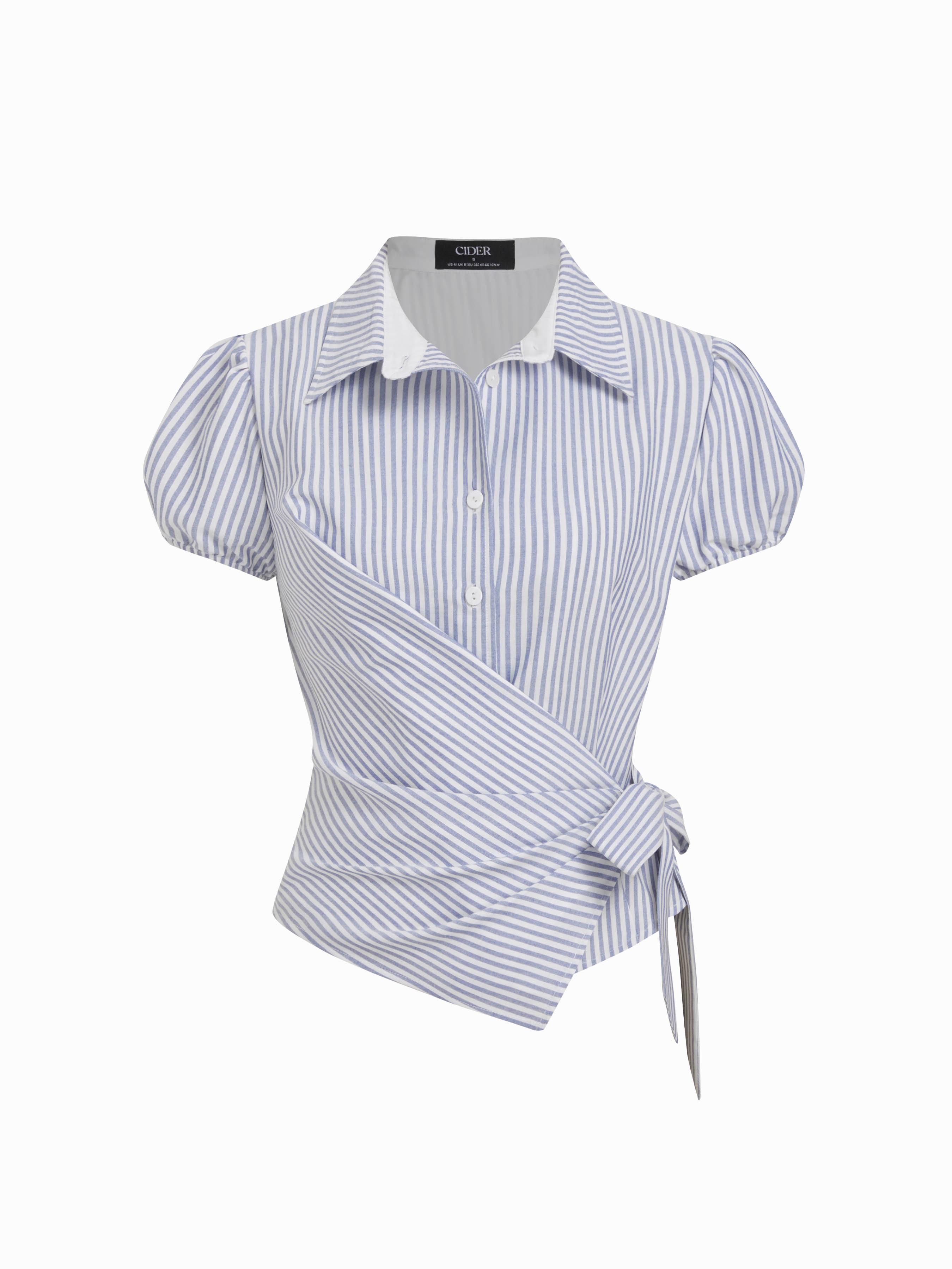 Linen-blend Puff Sleeve Wrap Tie-Front Blouse by CIDER