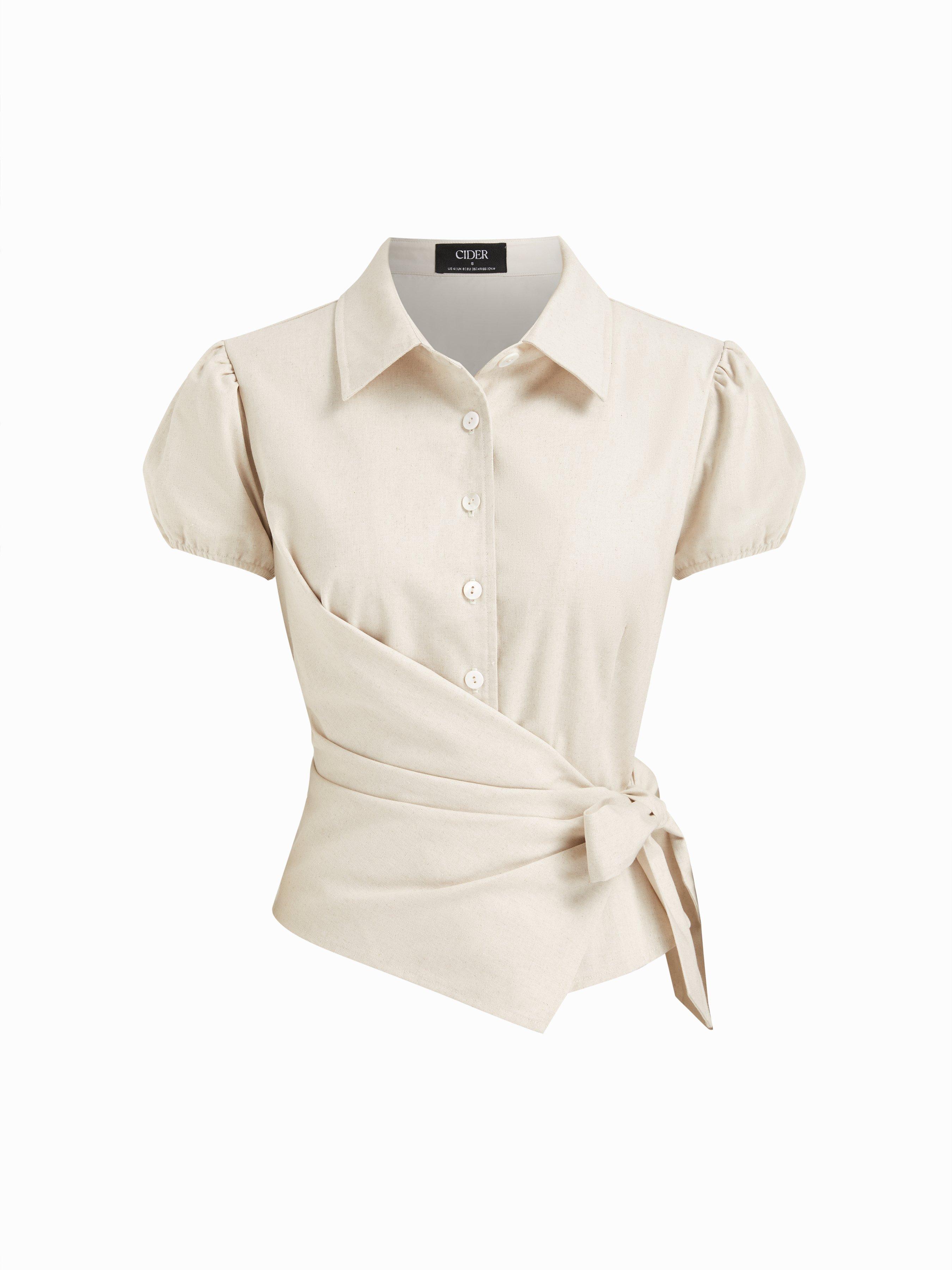 Linen-blend Puff Sleeve Wrap Tie-Front Blouse by CIDER