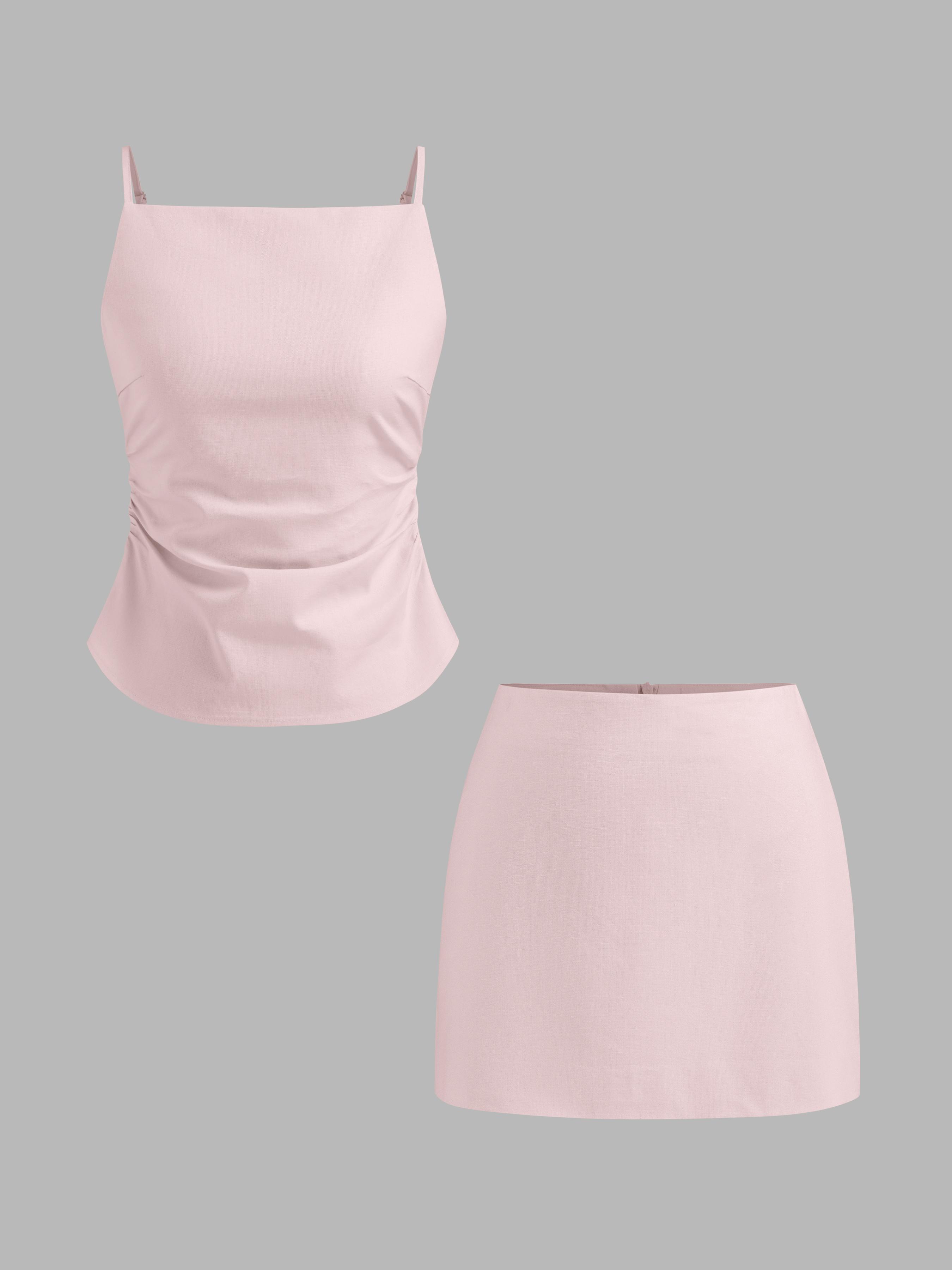 Linen-blend Ruched Criss Cross Backless Cami Top With Mini Skirt Set by CIDER