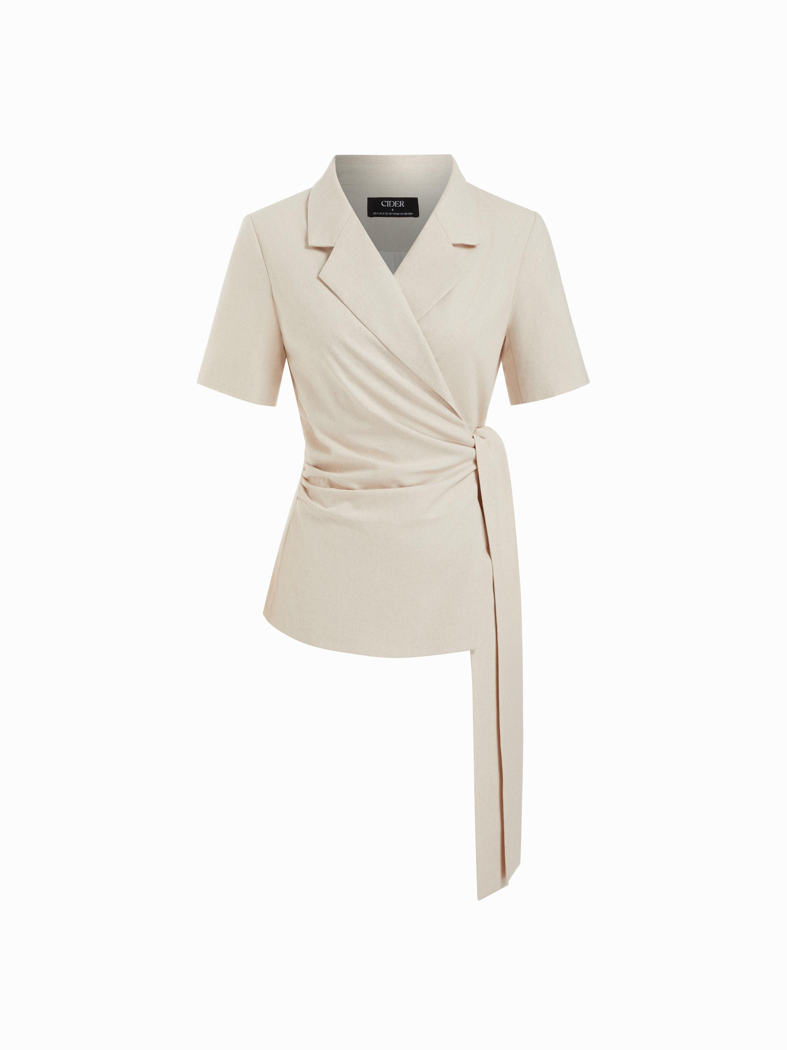 Linen-blend Ruched Wrap Belted Blazer by CIDER